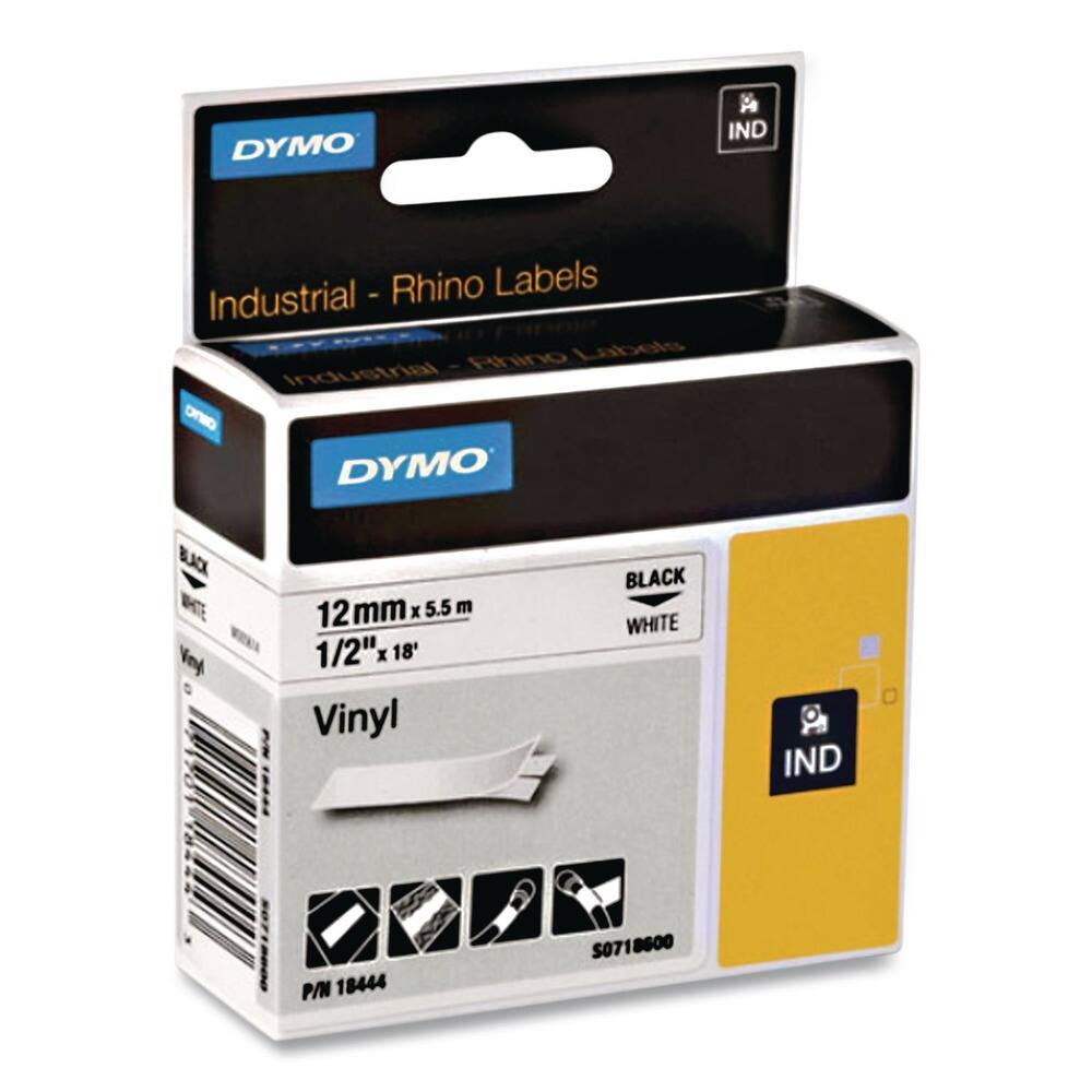 DYMO IND - Rhino Labels Industrial  
12 mm x 5.5 m (1/2" x 18') Vinyl  
BLACK WHITE  
P/N 18444  
S071 9600  
IND