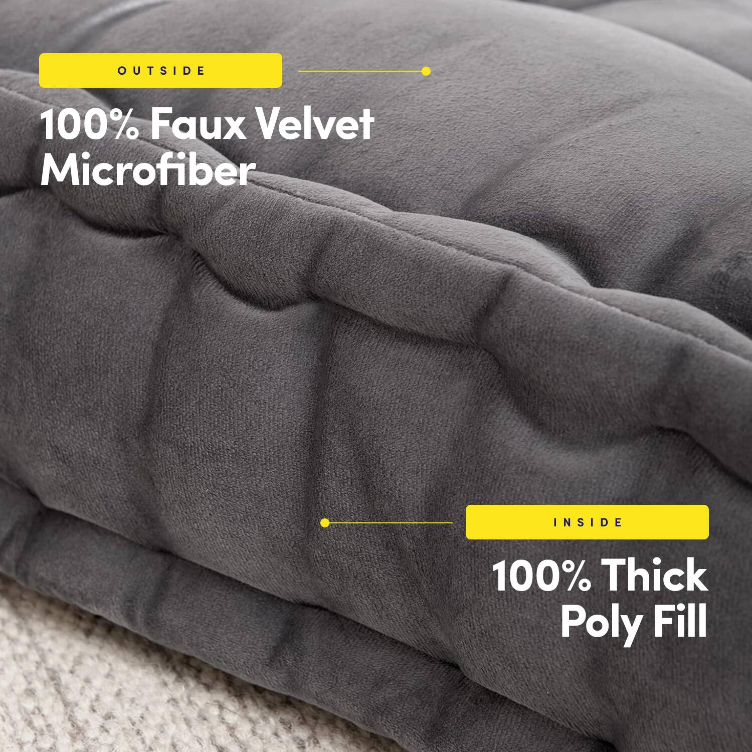 OUTSIDE  
100% Faux Velvet Microfiber  

INSIDE  
100% Thick Poly Fill