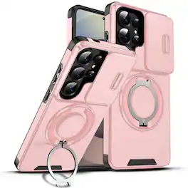 Dteck - Magnetic Slide Lens Cover for Samsung Galaxy S26 Ultra, Shockproof Ring Kickstand TPU + PC Protective Phone Case - Pink