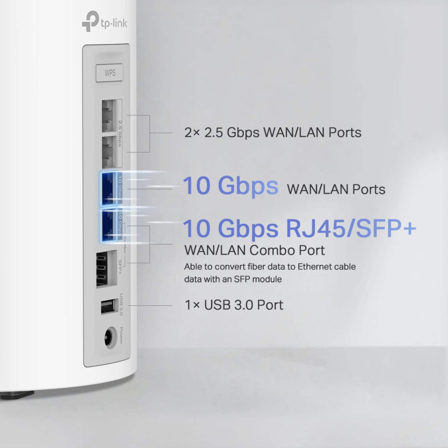 tp-link WPS
2x 2.5 Gbps WAN/LAN Ports
10 Gbps WAN/LAN Ports
10 Gbps RJ45/SFP+ WAN/LAN Combo Port
Able to convert fiber data to Ethernet cable data with an SFP module
1 x USB 3.0 Port