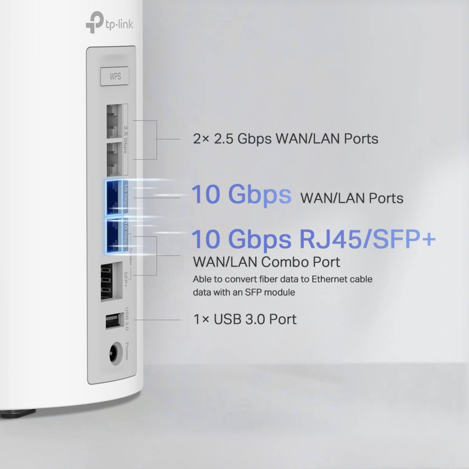 tp-link WPS  
2x 2.5 Gbps WAN/LAN Ports  
10 Gbps WAN/LAN Ports  
10 Gbps RJ45/SFP+ WAN/LAN Combo Port  
Able to convert fiber data to Ethernet cable data with an SFP module  
1 x USB 3.0 Port