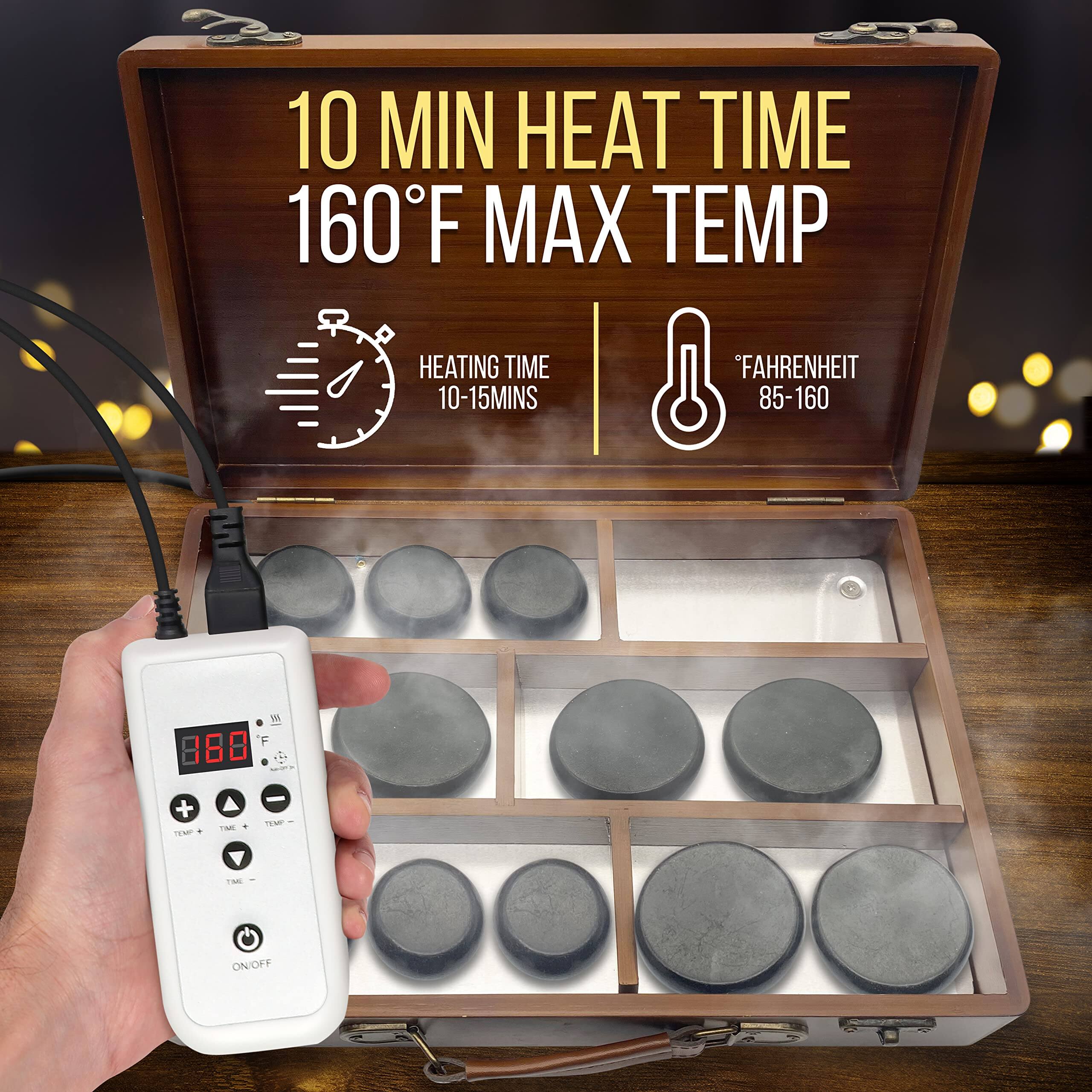 10 MIN HEAT TIME  
160°F MAX TEMP  

HEATING TIME  
10-15MINS  

FAHRENHEIT  
85-160  

ON/OFF