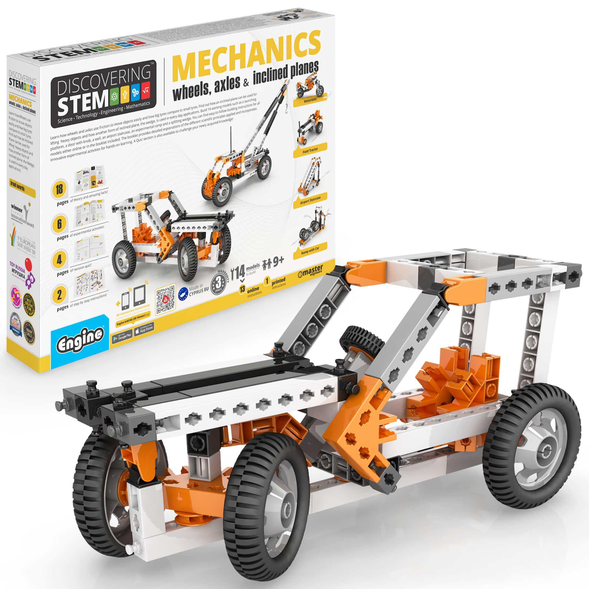 Engino - Engino: Discovering STEM - Mechanics: Wheels, Axles & Inclined Planes - 14 Model Toy Machine Brick Building Set - Multicolor