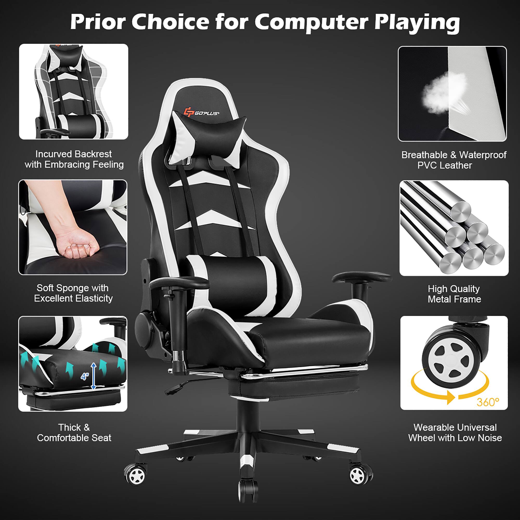 Prior Choice for Computer Playing:

1. Incurved Backrest with Embracing Feeling
2. Breathable & Waterproof PVC Leather
3. Soft Sponge with Excellent Elasticity
4. High Quality Metal Frame
5. 360 Thick & Comfortable Seat
6. Wearable Universal Wheel with Low Noise