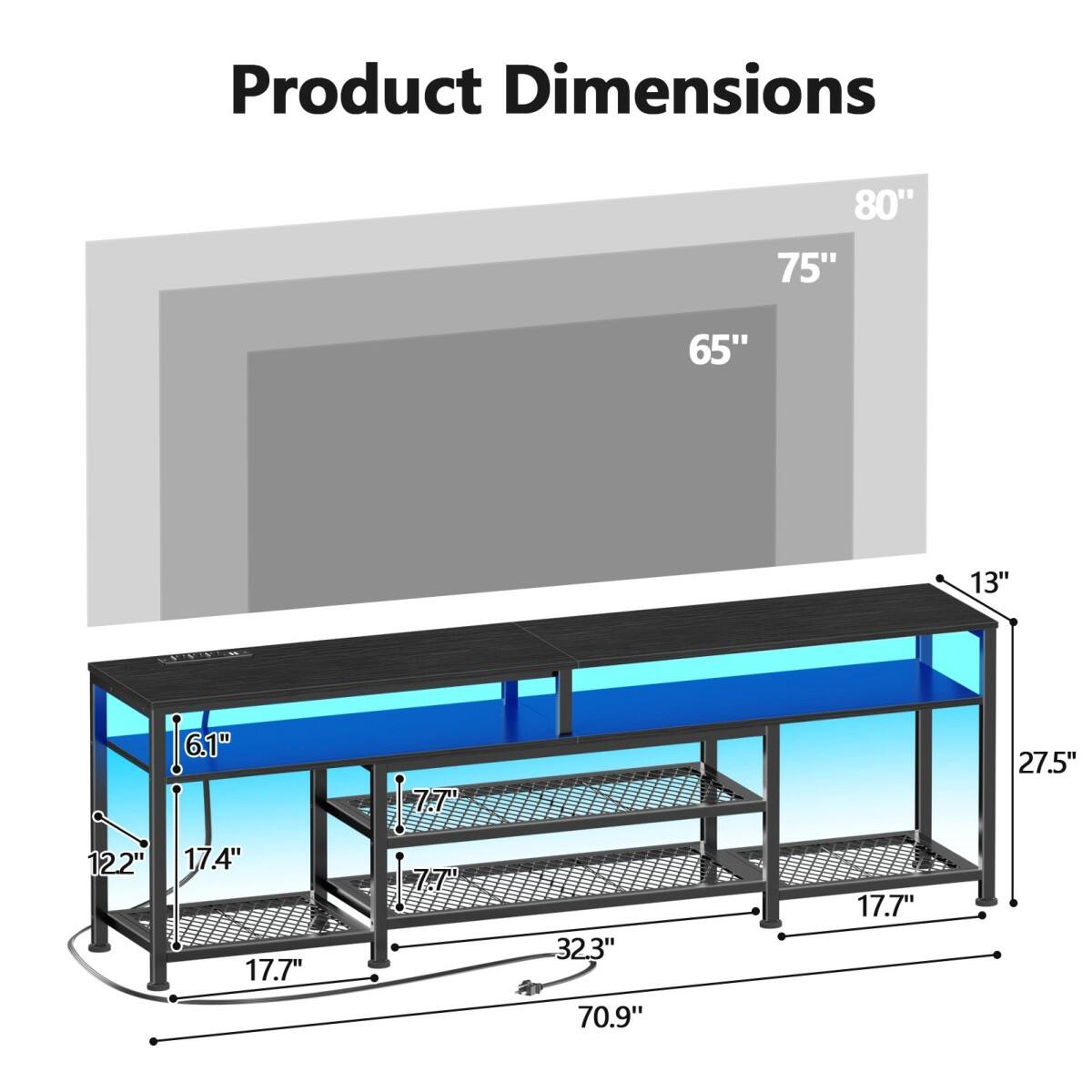 Product Dimensions

80"  
75"  
65"  
13"  
12.2"  
17.4"  
7.7"  
27.5"  
17.7"  
7.7"  
32.3"  
70.9"