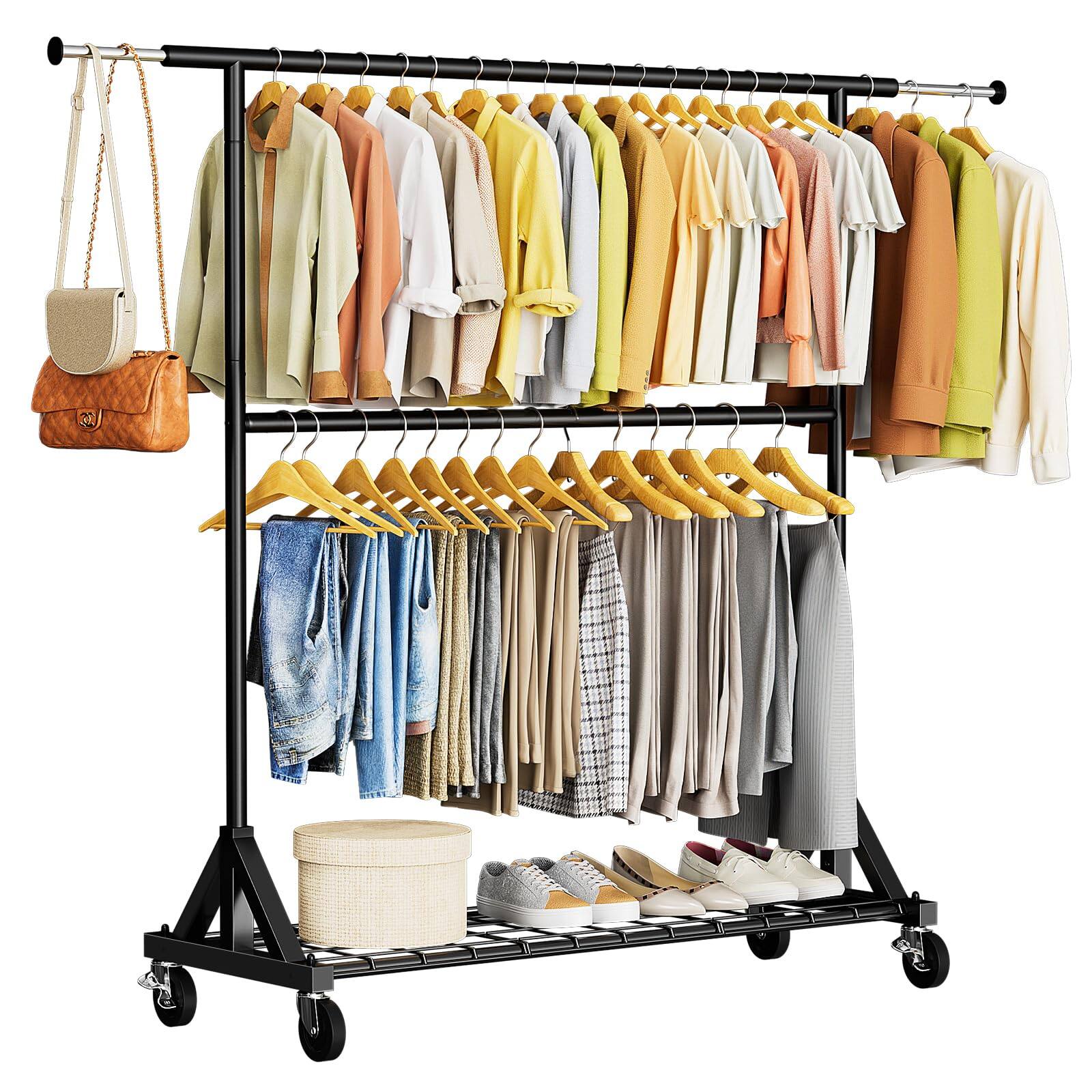 Hirose Alice - Luxspire Heavy Duty Clothes Rack Load Double Rod Clothing Rack Rolling Garment Racks with Lockable Wheels - Black