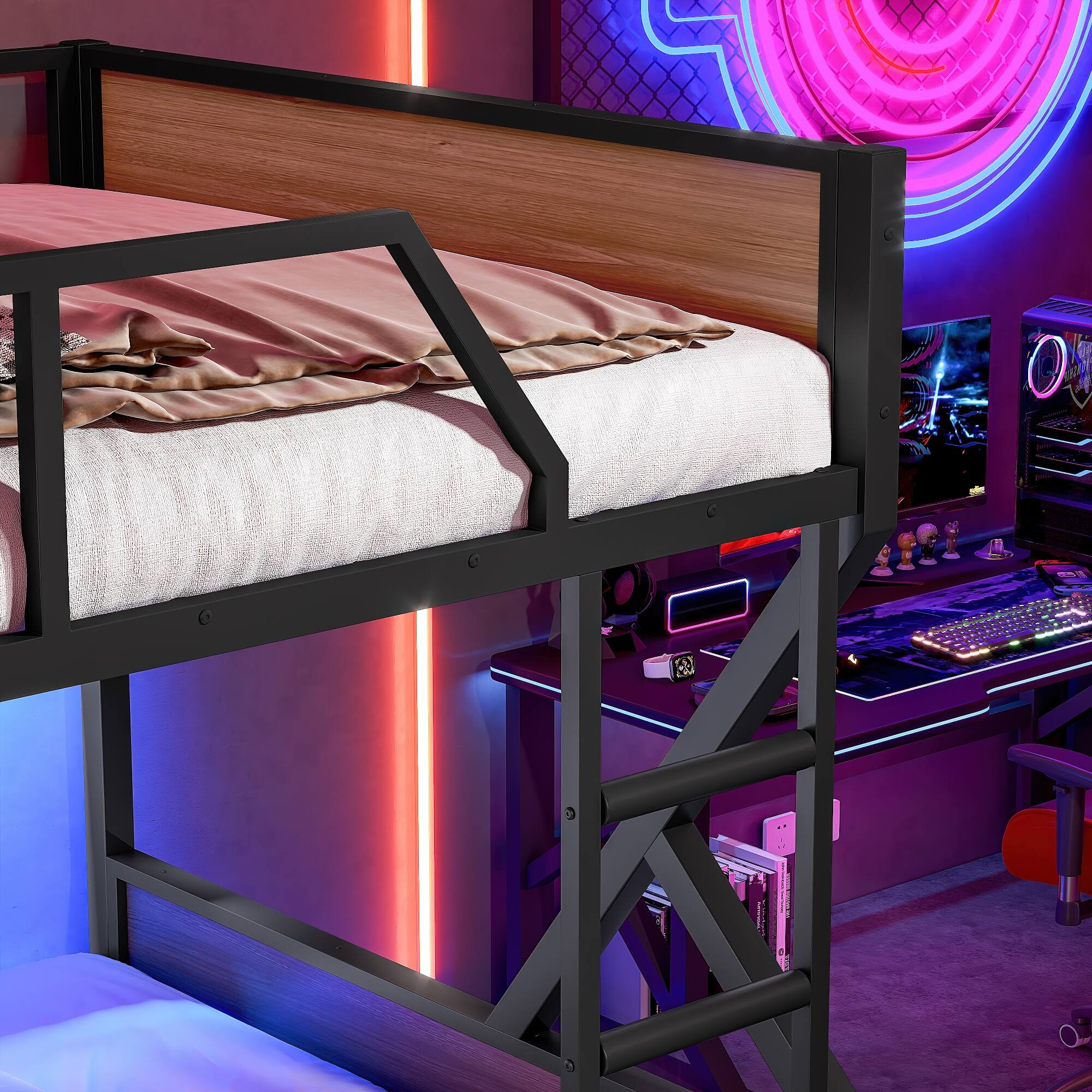 Back. Anysun - Full over Full Bunk Bed, Metal w/ Storage Shelves & Lights, Space-Saving & Noise-Free Design - Black.