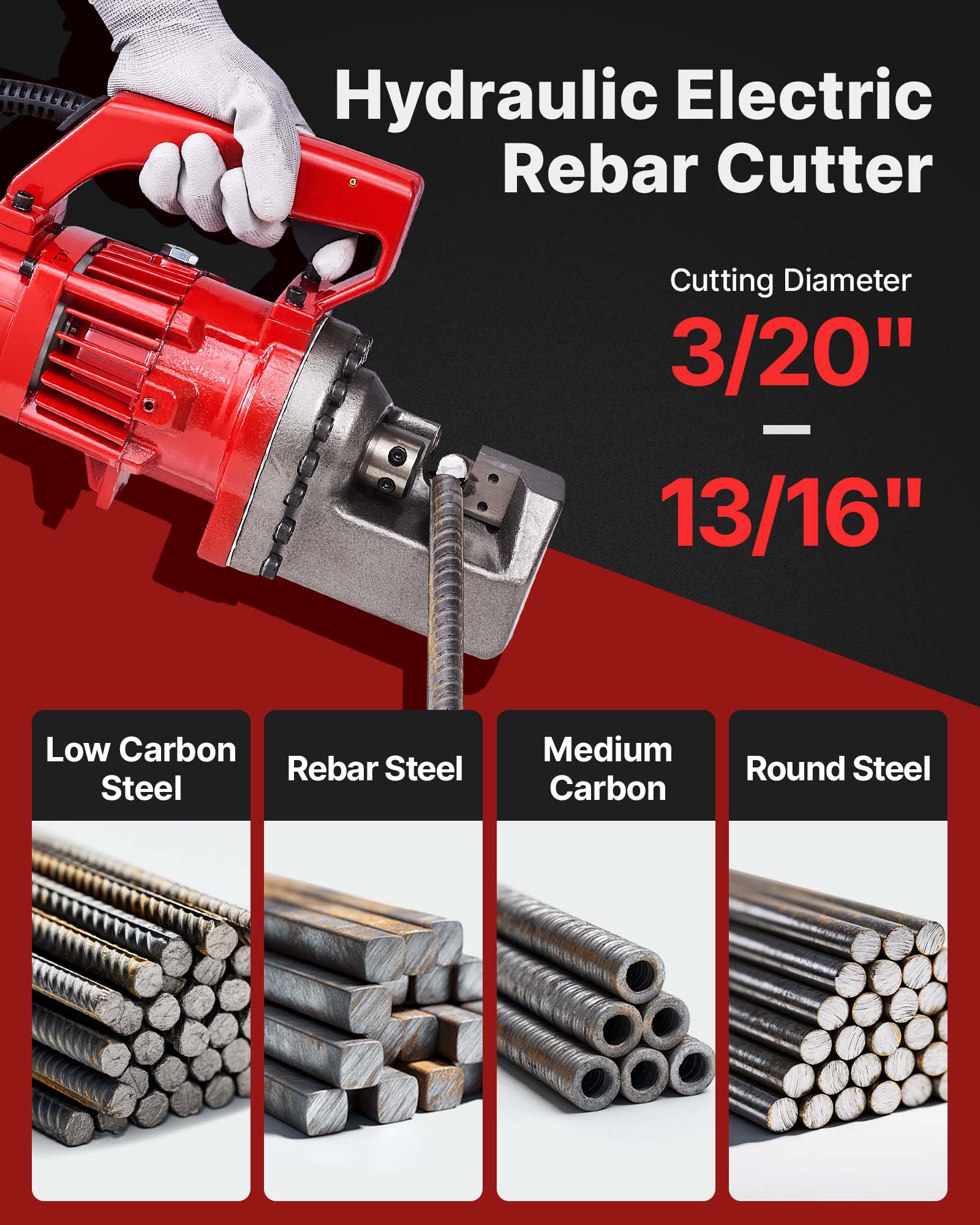 Hydraulic Electric Rebar Cutter  
Cutting Diameter 3/20" - 13/16"  
Low Carbon Steel  
Rebar Steel  
Medium Carbon  
Round Steel