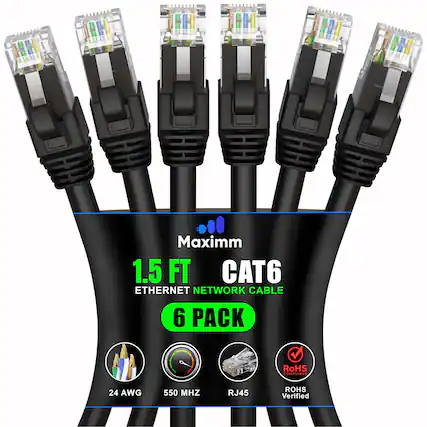 Maximm 1.5 FT CAT6 ETHERNET NETWORK CABLE 6 PACK
RoHS COMPLIANT
24 AWG
550 MHZ
RJ45
RoHS Verified
