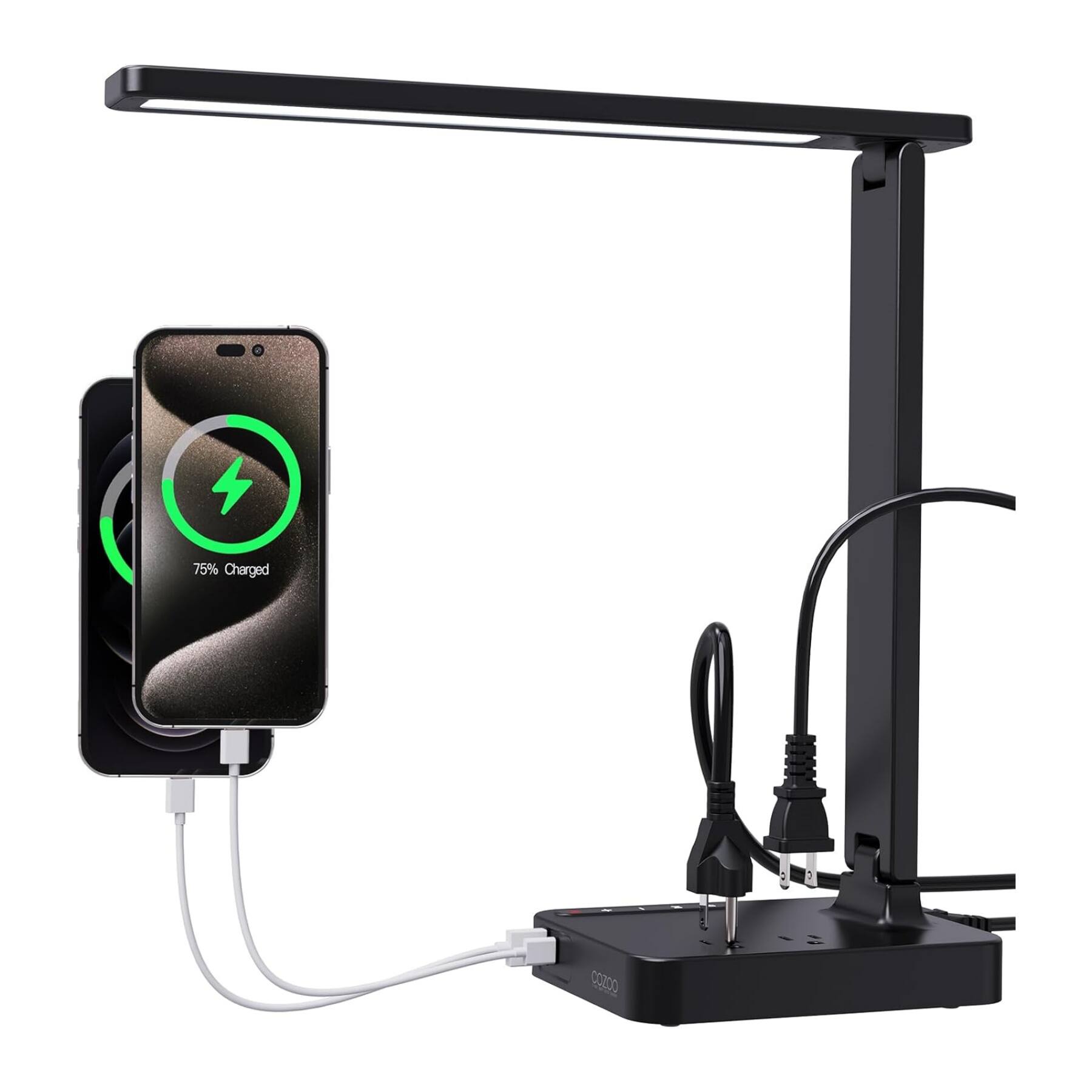 Dazzed Corner - Modern LED Desk Lamp, 2 USB & Type-C Ports, 2 AC Outlets - Black