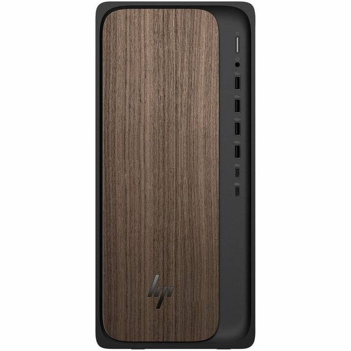 Back. HP - HP OmniDesk Desktop Intel Core Ultra 5, 16 GB;1 TB SSD  Windows 11 Home - Dark wood, jack black chassis.