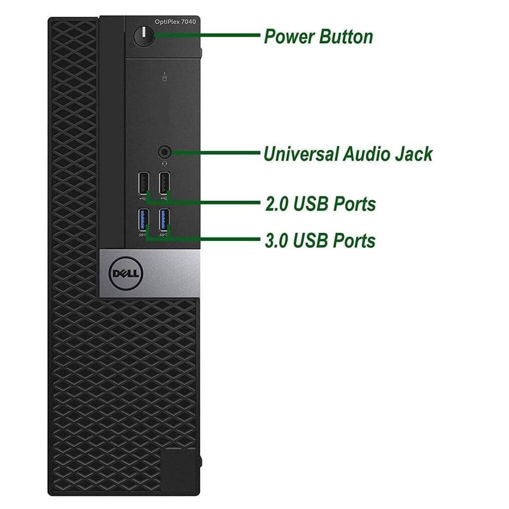 OptiPlex 7040  
- Power Button  
- Universal Audio Jack  
- 2.0 USB Ports  
- 3.0 USB Ports  
DELL