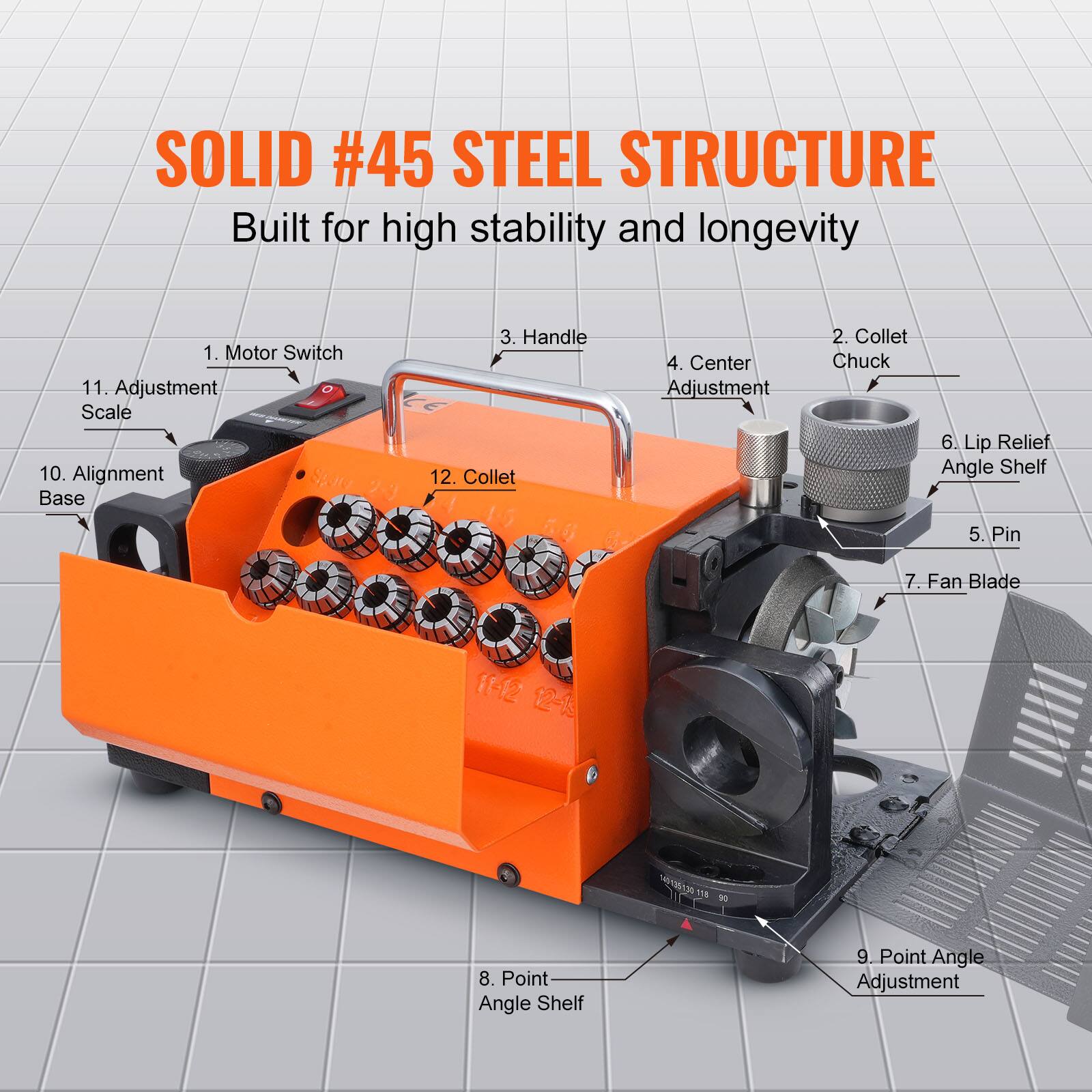 SOLID #45 STEEL STRUCTURE  
Built for high stability and longevity  

1. Motor Switch  
2. Collet Chuck  
3. Handle  
4. Center Adjustment  
5. Pin  
6. Lip Relief Angle Shelf  
7. Fan Blade  
8. Point Angle Shelf  
9. Point Angle Adjustment  
10. Alignment Base  
11. Adjustment Scale  
12. Collet