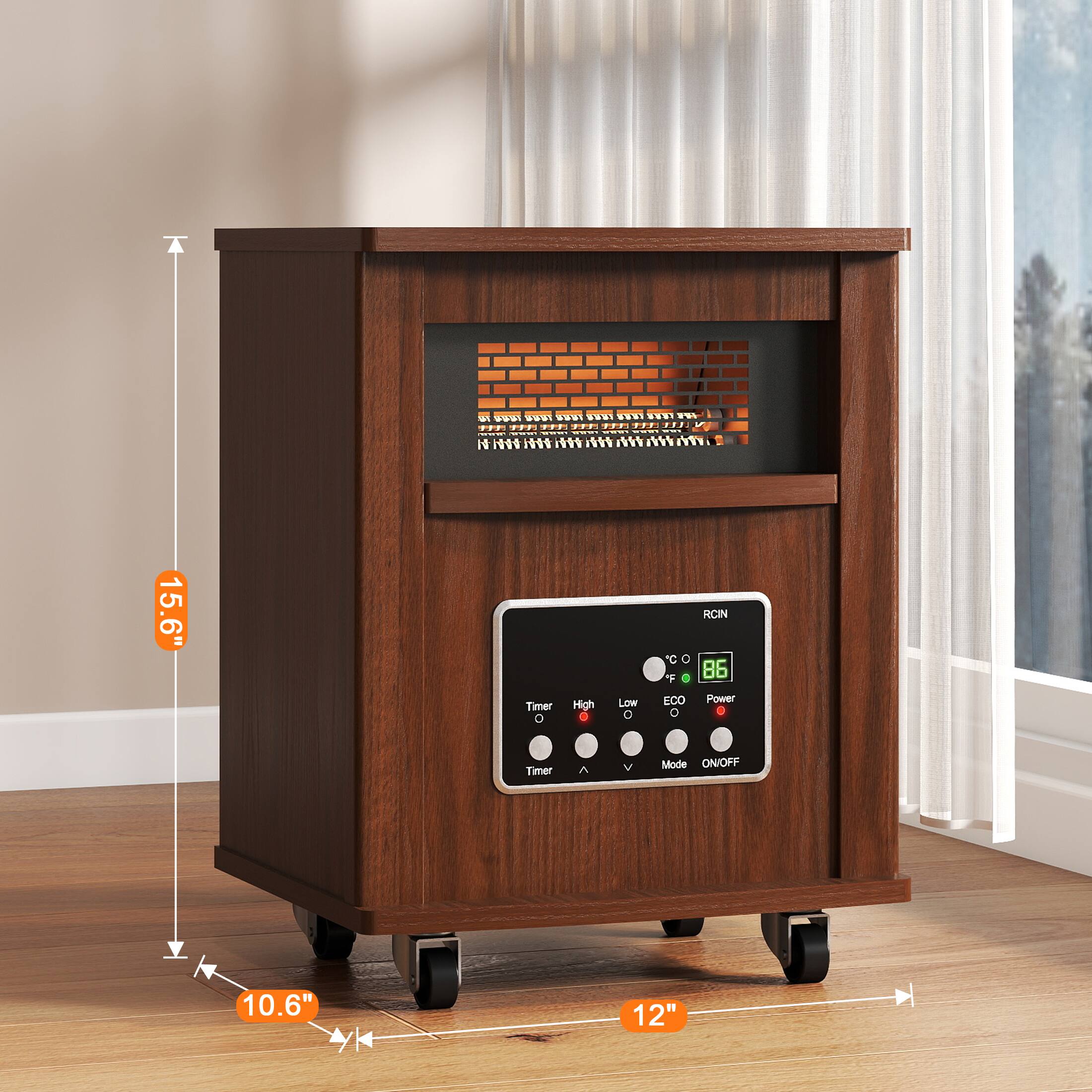 - Height: 15.6"
- Width: 12"
- Depth: 10.6"
- Temperature: 86°F
- Timer: ON/OFF
- Power: ON/OFF
- Mode: High/Low/Eco
- RCIN