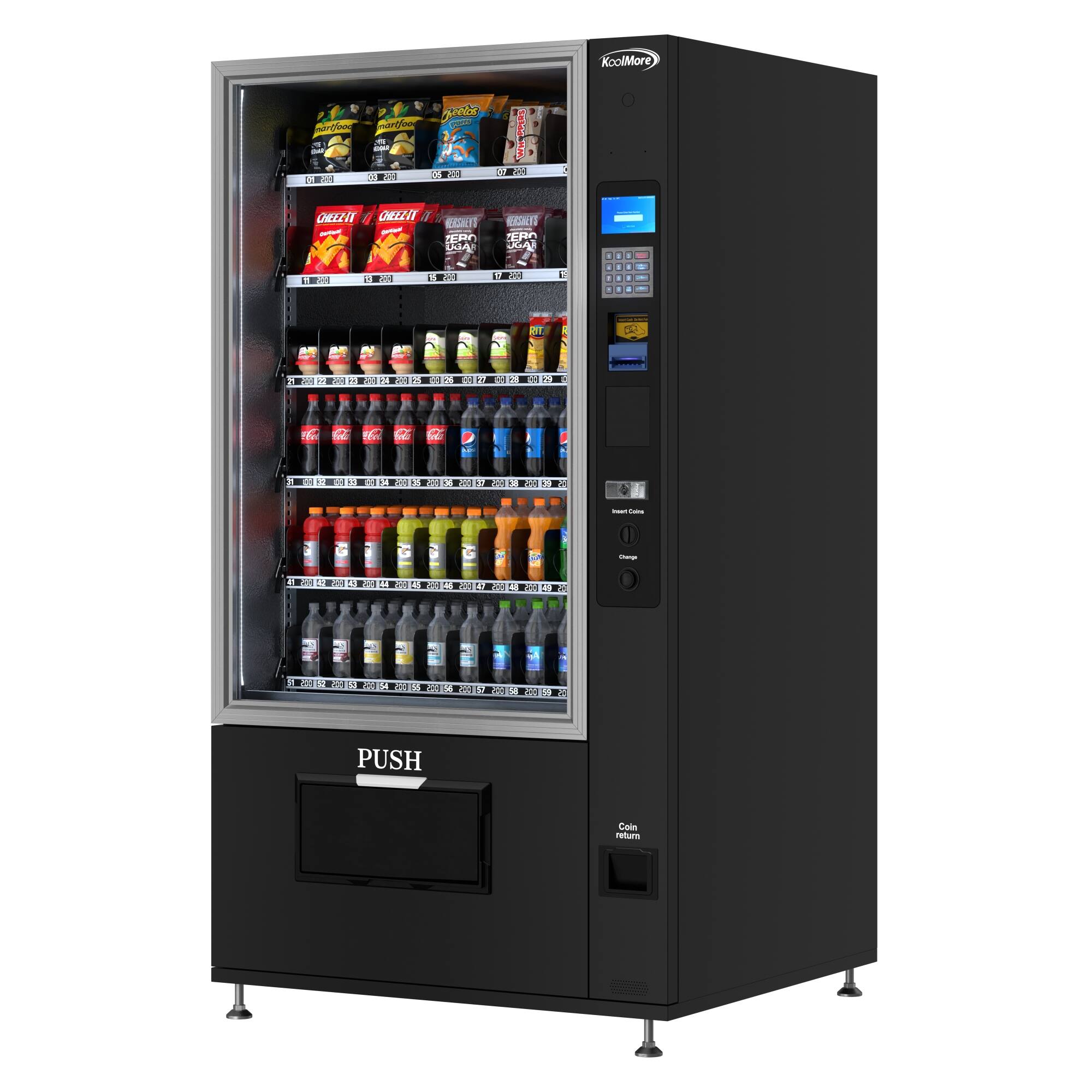 The image features a black vending machine with a variety of drinks and snacks inside. The machine has a large display window, allowing customers to easily see the available items. The drinks are organized in multiple rows, with different types of beverages such as soda and juice. The snacks are also organized neatly, making it easy for customers to choose their preferred items. The vending machine is designed to be user-friendly, with a clear and organized layout that caters to the needs of customers.