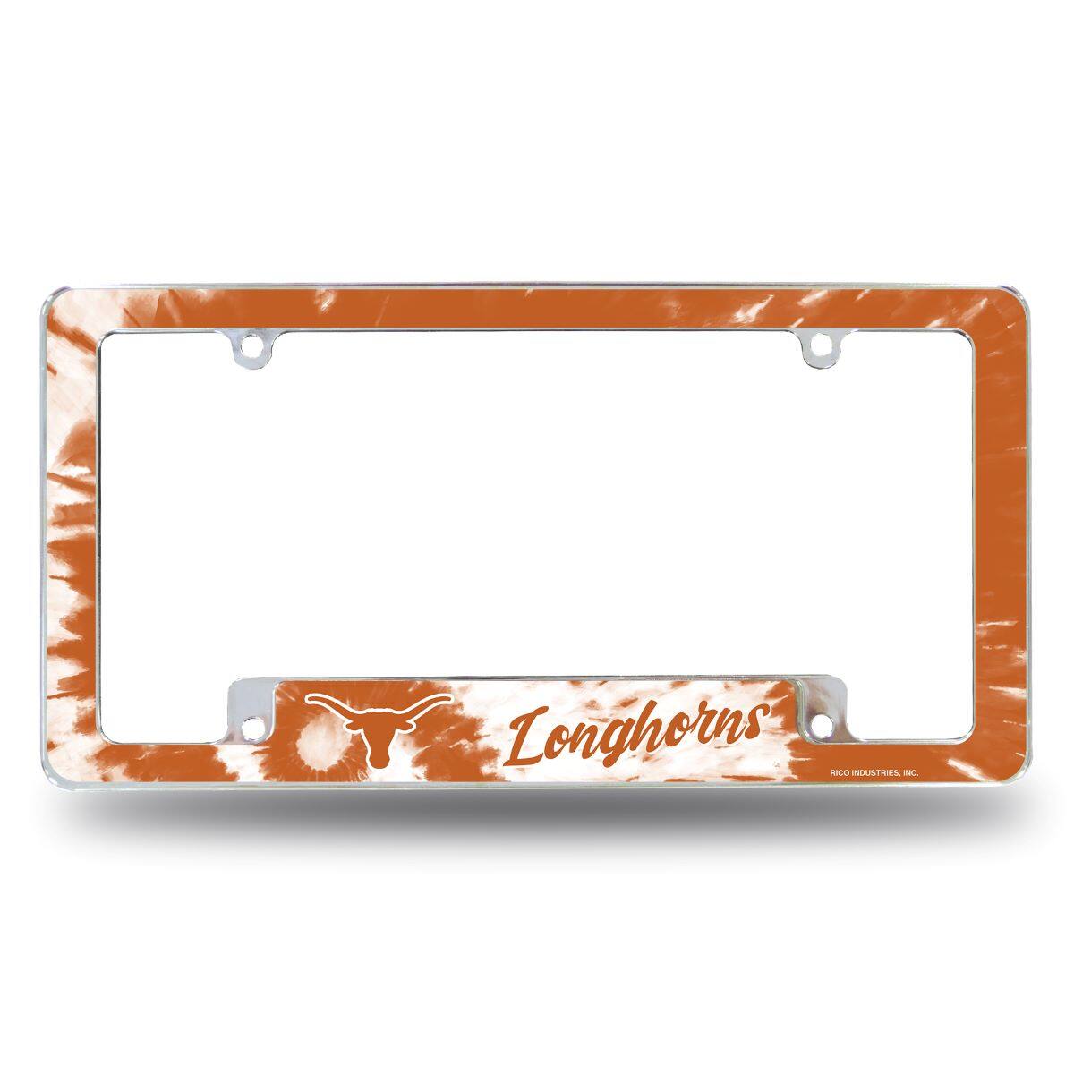 Texas Longhorns Chrome Metal License Plate Frame with Bold Tie Dye Design