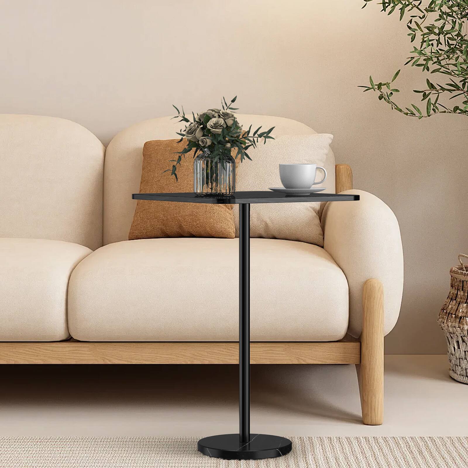 Angle. Oumilen - Black Wood-Top Side Table with Black Marble Base - Black.