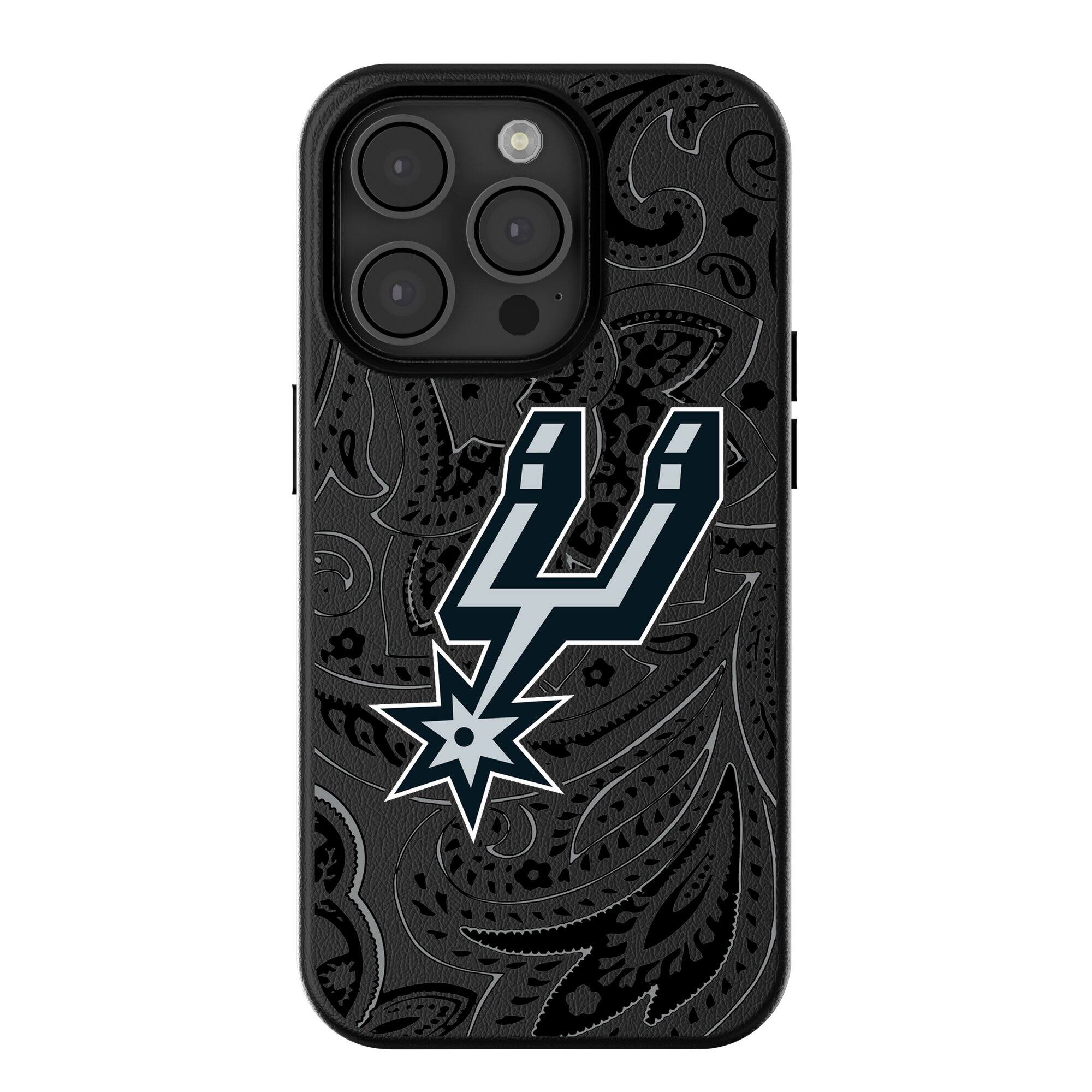 Front. Keyscaper - San Antonio Spurs Paisley iPhone Magnetic Bump Case - 16 Pro - Black.