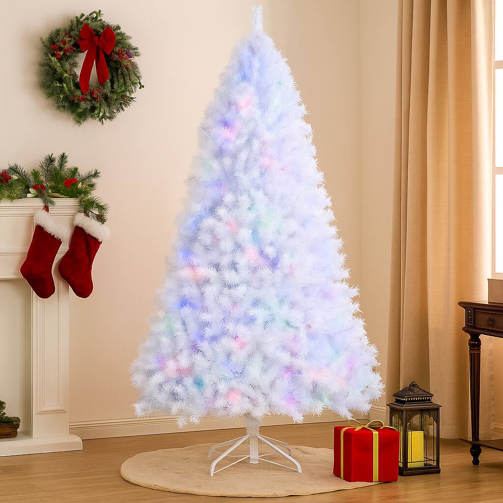 Angle. BreeBe - Sparkling Artificial Xmas Tree with Iridescent Tips and Sturdy Metal Stand - White.