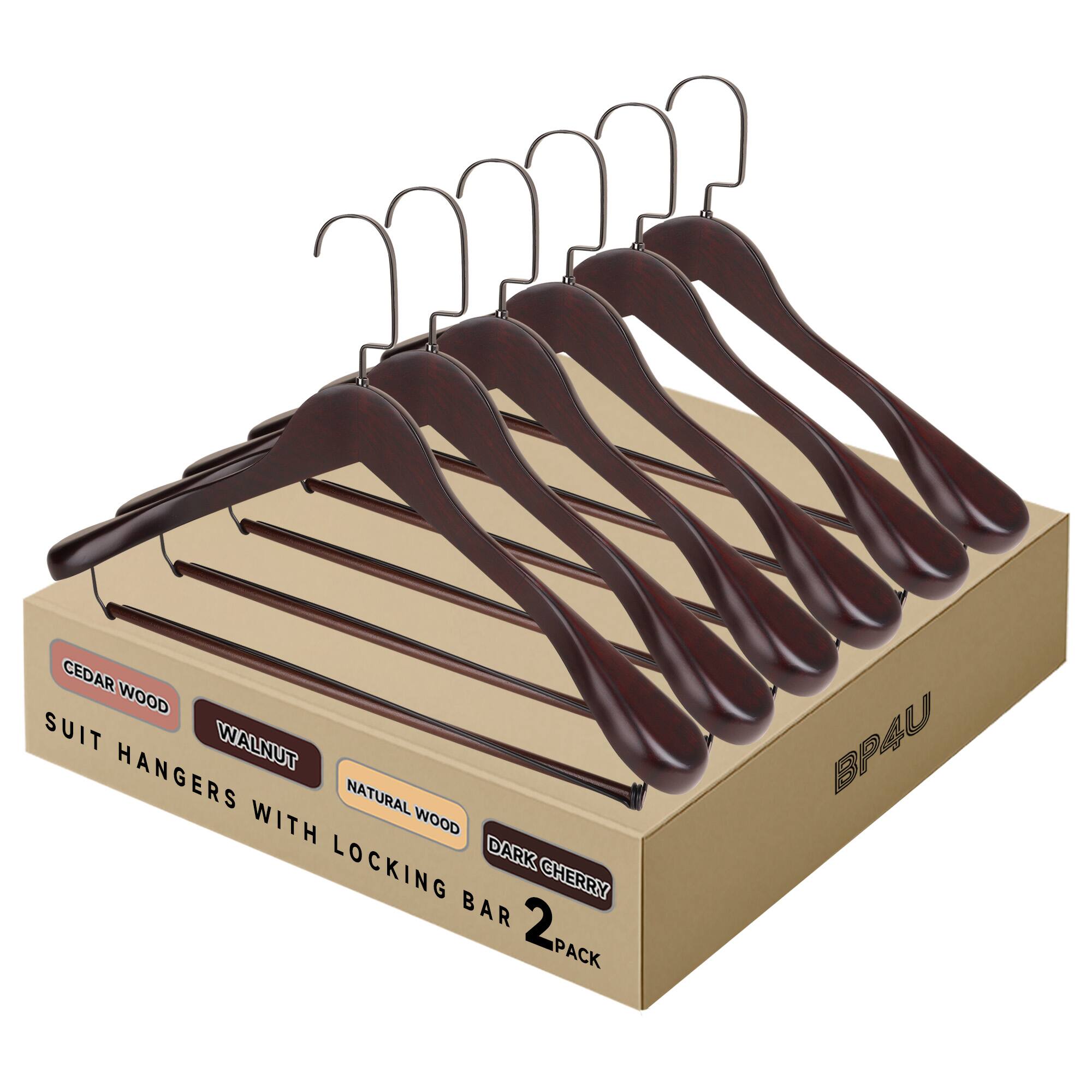 BP4U - 2-Pack Premium Wide Shoulder Wooden Suit Hangers, Solid Wood Clothers Hangers with Locking Bar for Coats - Dark Cherry price history on PriceWatchPro