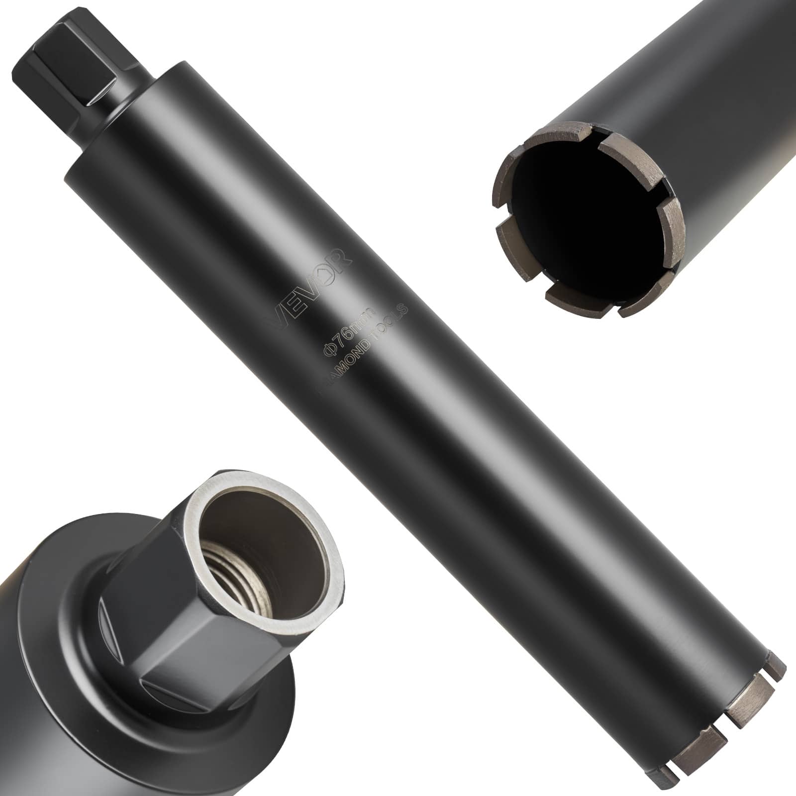 VEVOR - Core Drill Bit, 3 inch Diameter, 14 inch Drilling Depth, 1-1/4 in-7 Internal Thread, High-Precision Welding Technology - Black