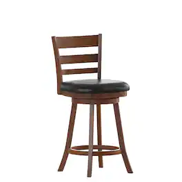 Flash Furniture - Zerrick Commercial Grade Wood Classic Ladderback Swivel Counter Height Barstool with Padded Black LeatherSoft Seat, Anti - Brown