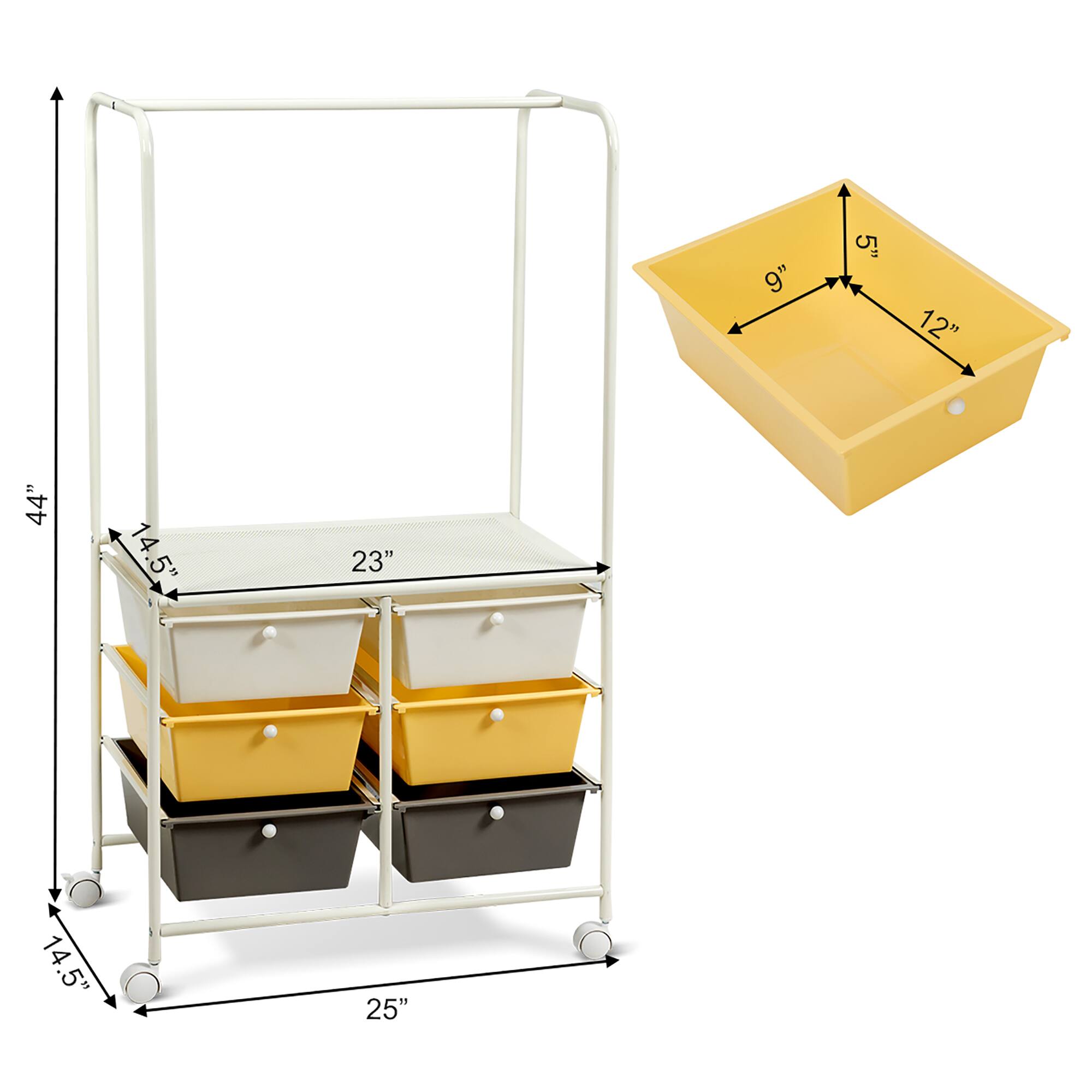 The text on the image reads: 9" 5" 12" 44" 14.5" 23" 14.5" 25". This indicates the dimensions of the yellow container, which is 9 inches tall, 5 inches wide, and 12 inches long. The container is placed on a cart that is 44 inches tall, 14.5 inches wide, and 25 inches long.