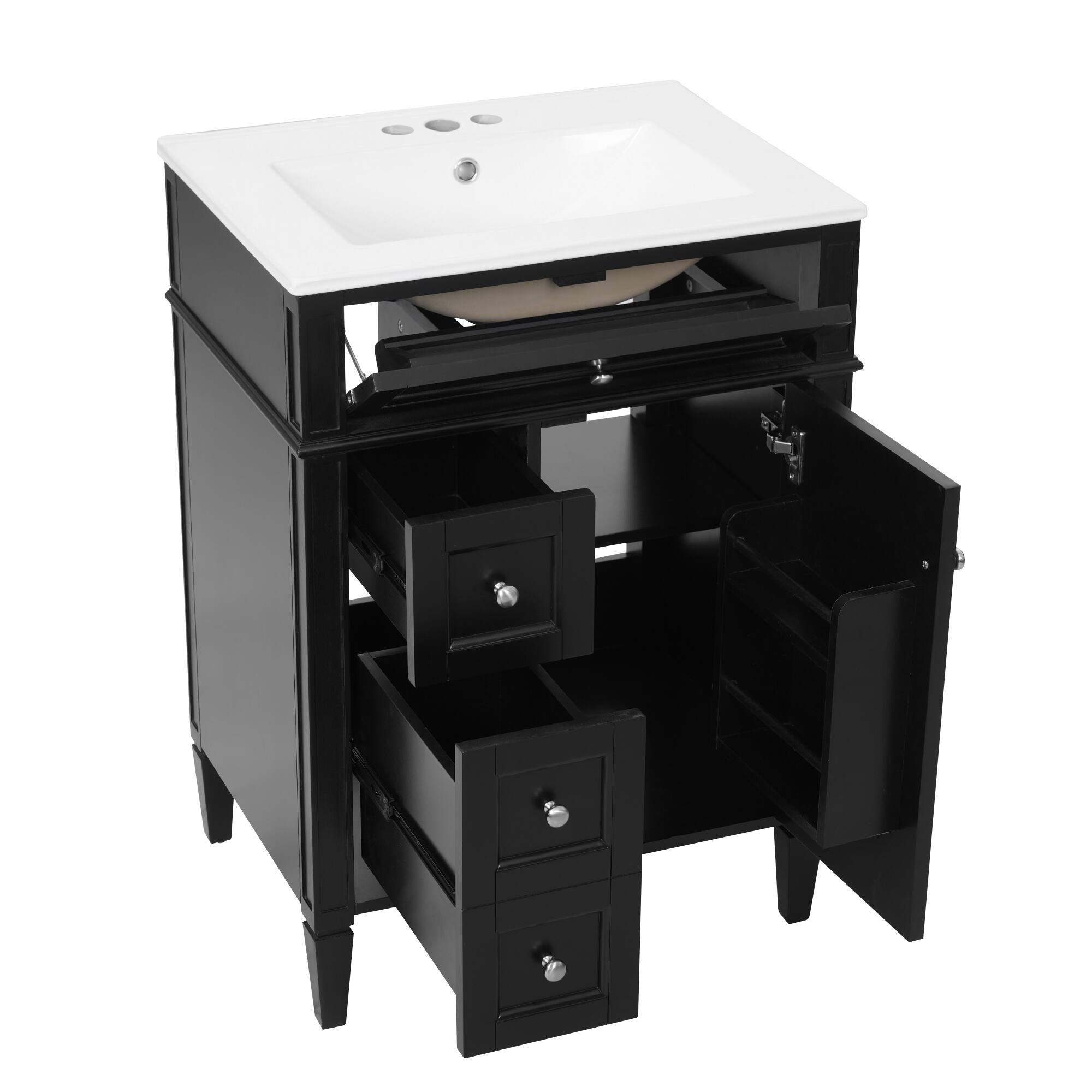 Alt View 1. Whisen - 24" Bathroom Vanity with Ceramic Sink Top and 3 Drawers Modern Single Sink Storage Cabinet - Black.