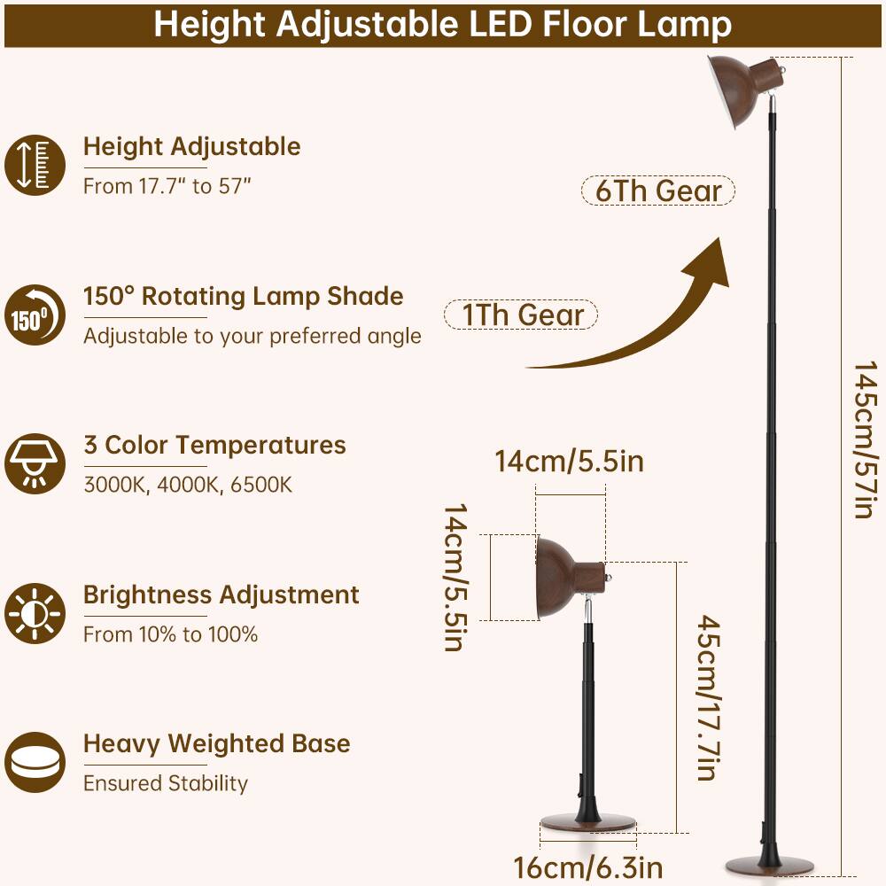 Height Adjustable LED Floor Lamp

- Height Adjustable: From 17.7" to 57"
- 150° Rotating Lamp Shade: Adjustable to your preferred angle
- 3 Color Temperatures: 3000K, 4000K, 6500K
- Brightness Adjustment: From 10% to 100%
- Heavy Weighted Base: Ensured Stability

Dimensions:
- Base: 16cm/6.3in
- Lamp Shade: 14cm/5.5in
- Height: 145cm/57in