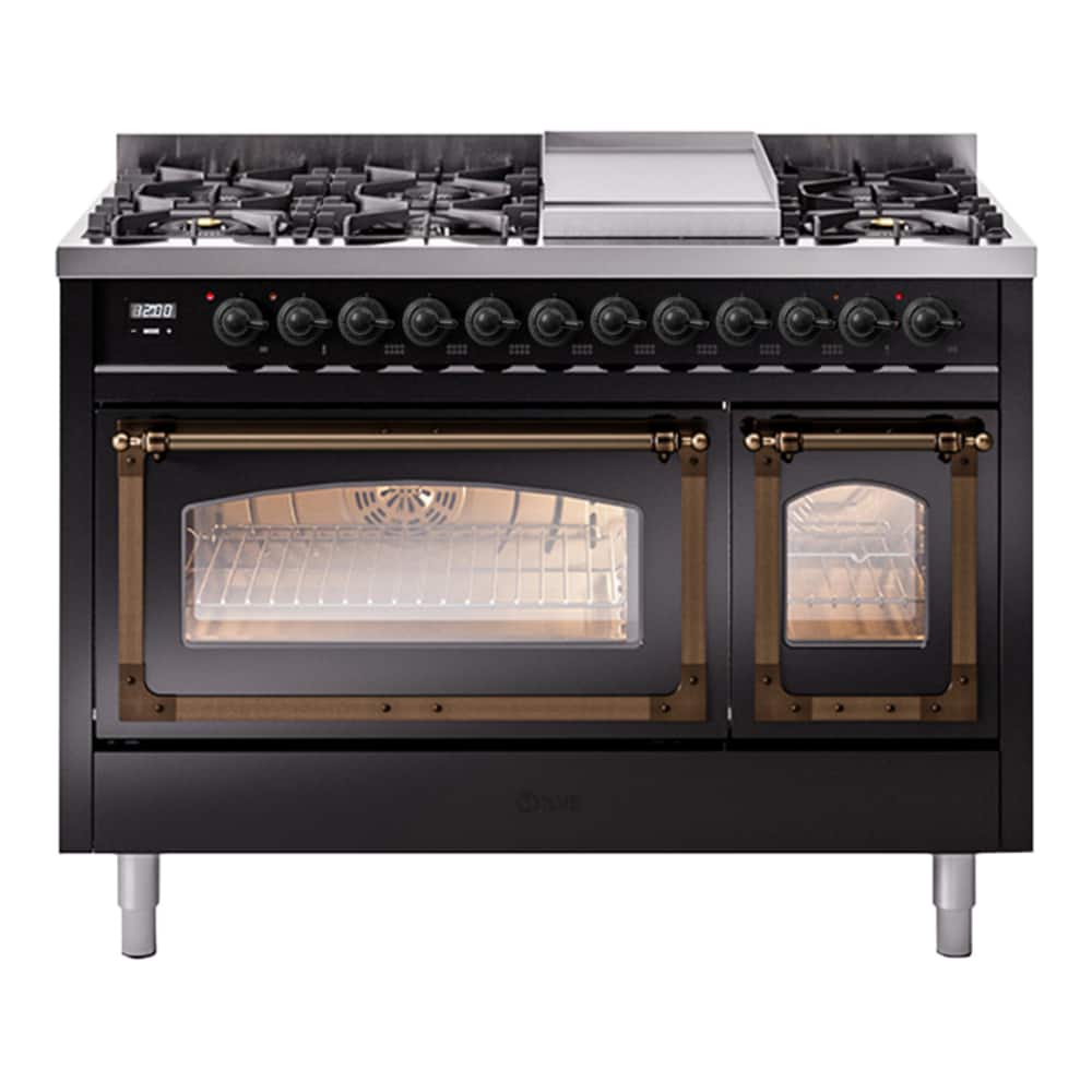 ILVE - Nostalgie II 48 inch Dual Fuel Range with 8 Burners + Griddle (Natural Gas, Glossy Black, Burnished Trim) - Glossy Black