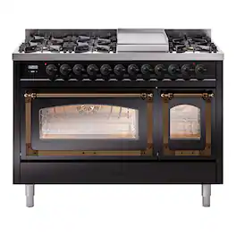 ILVE - Nostalgie II 48 inch Dual Fuel Range with 8 Burners + Griddle (Natural Gas, Glossy Black, Burnished Trim) - Glossy Black