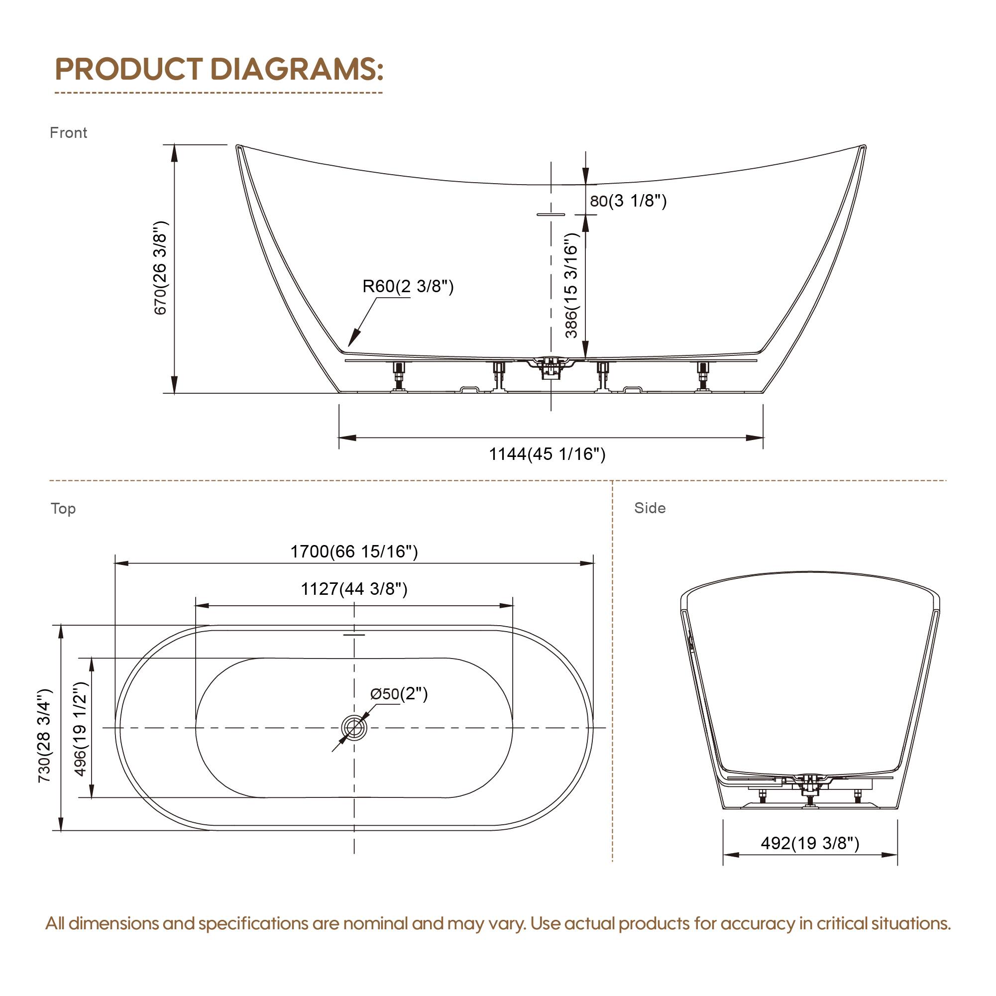 PRODUCT DIAGRAMS:

Front
- 670(26 3/8")
- R60(2 3/8")
- 80(3 1/8")
- 386(15 1/16")
- 1144(45 1/16")

Top
- 1700(66 15/16")
- 1127(44 3/8")
- 730(28 1/2")
- 496(19 1/2")
- 492(19 3/8")

Side
- 492(19 3/8")

All dimensions and specifications are nominal and may vary. Use actual products for accuracy in critical situations.