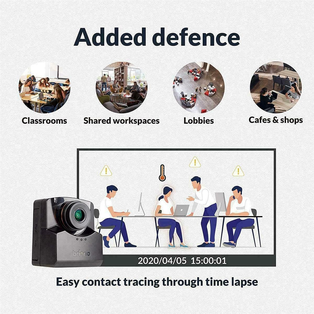 Added defence

Classrooms  
Shared workspaces  
Lobbies  
Cafes & shops  

2020/04/05 15:00:01  
Easy contact tracing through time lapse