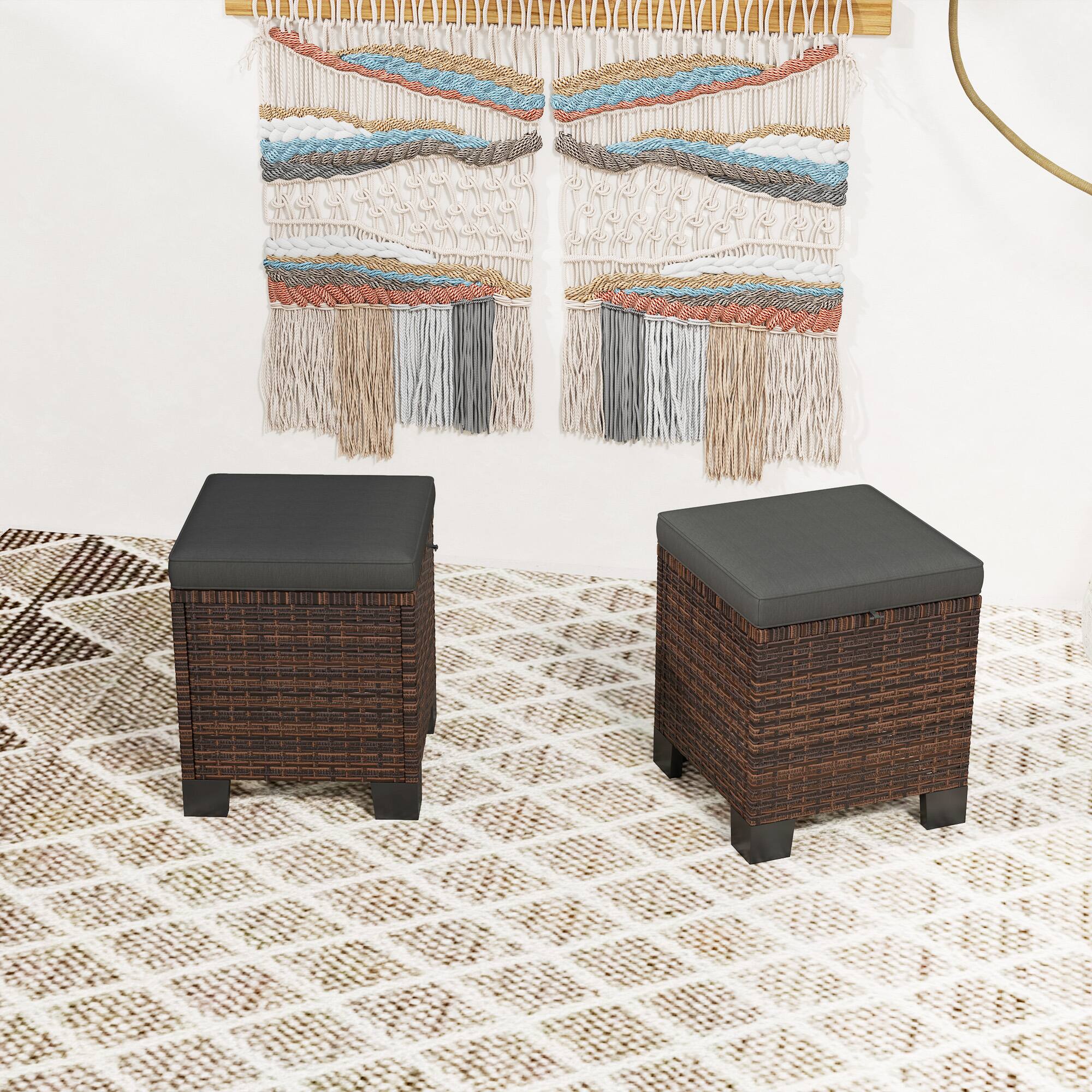 Alt View 8. Outsunny - 2 Pieces Outdoor Patio Ottomans, All Weather Wicker Outdoor Footstools with Removable Cushions - Gray.