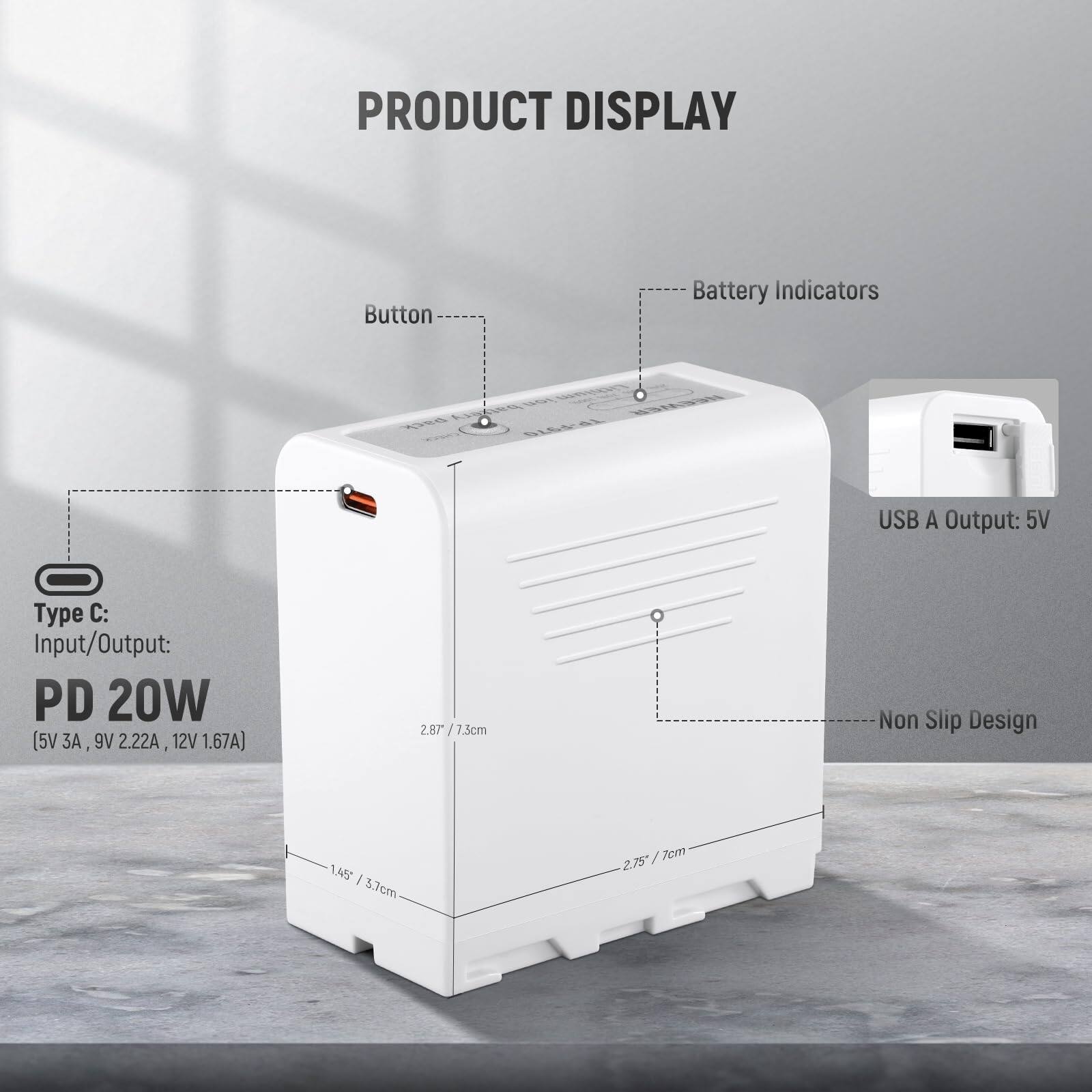PRODUCT DISPLAY

Button Battery Indicators

USB A Output: 5V

Type C: Input/Output: PD 20W (5V 3A, 9V 2.22A, 12V 1.67A)

Non Slip Design

Dimensions:
- 2.87 / 7.3cm
- 1.45 / 3.7cm
- 2.75 / 7cm