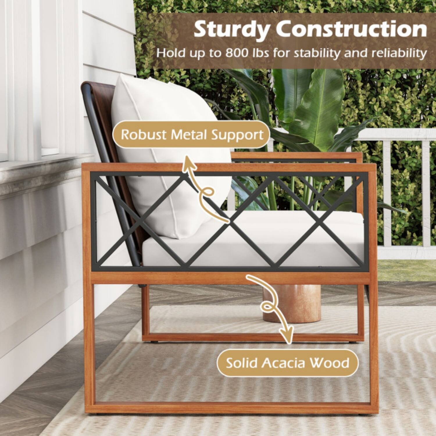 Sturdy Construction  
Hold up to 800 lbs for stability and reliability  

Robust Metal Support  
Solid Acacia Wood
