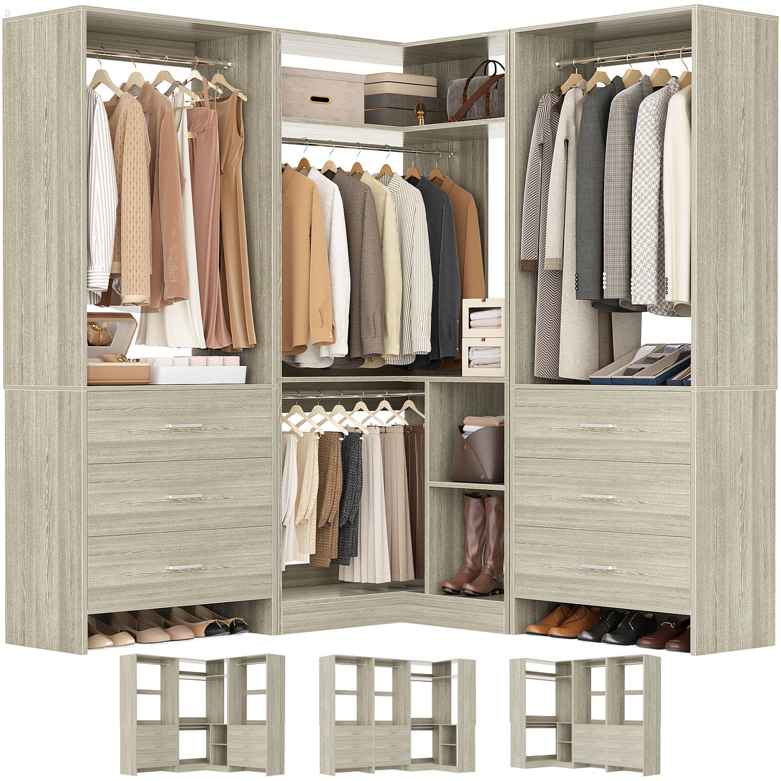 Angle. Aheaplus - 55.2'' - 80.9'' W Corner Closet Organizer System with 6 Wooden Drawers and 4 Hanging Rods - Beige Oak.