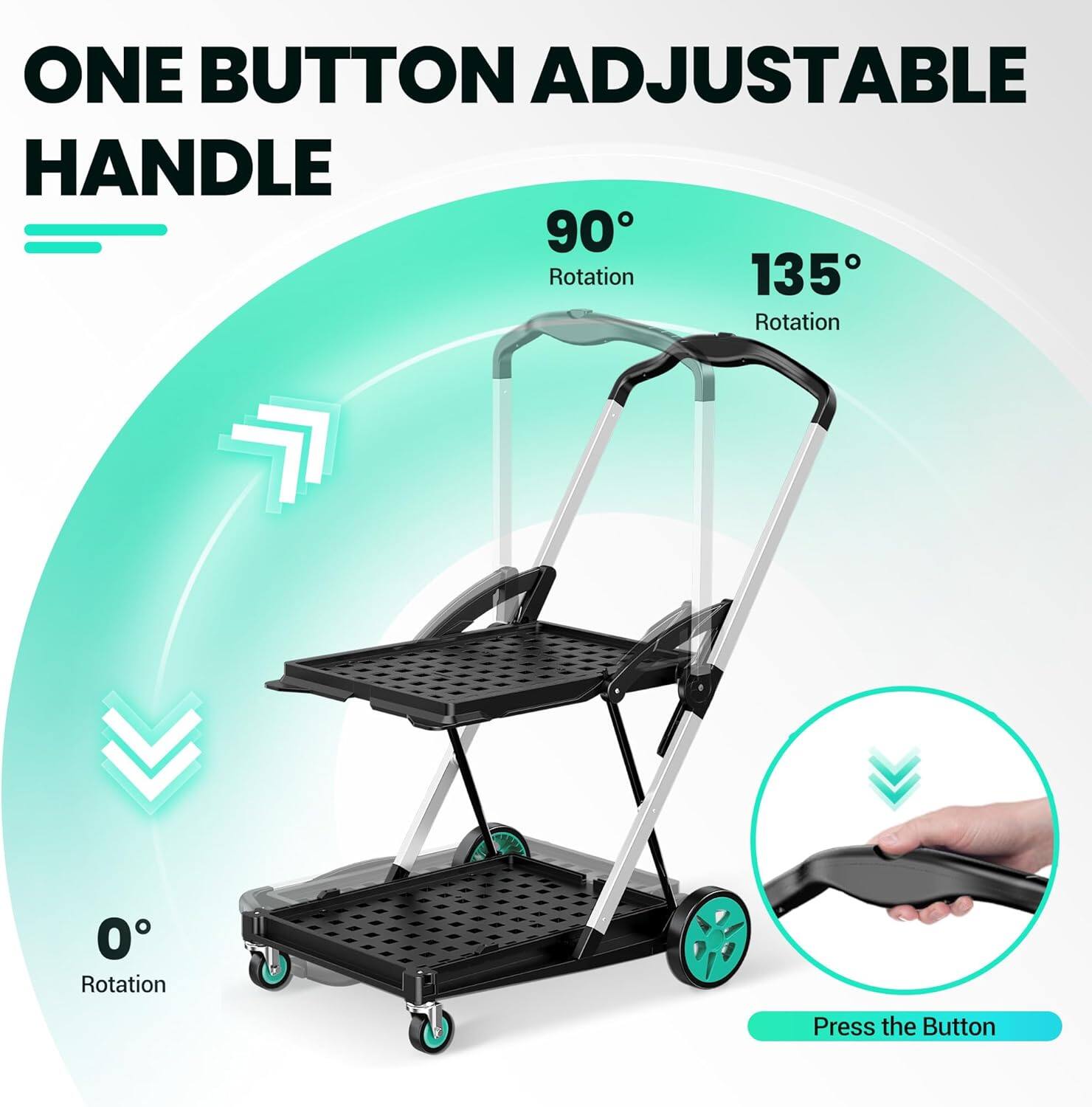 ONE BUTTON ADJUSTABLE HANDLE, 90° Rotation, 135° Rotation, 0° Rotation, Press the Button
