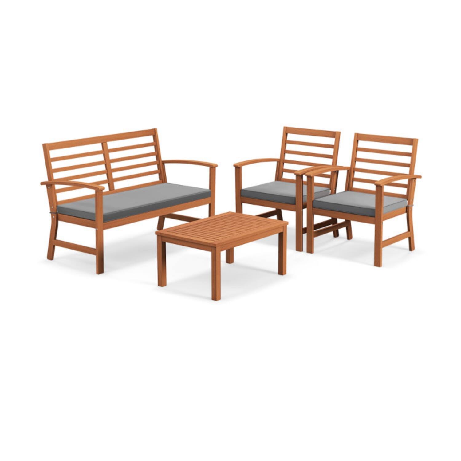 Alt View 3. Mondawe - 48 x 24 x 31.5 IN Freestanding Acacia Wood Patio Set with Loveseat, 2 Chairs & Table 4-Piece - Natural+Gray.