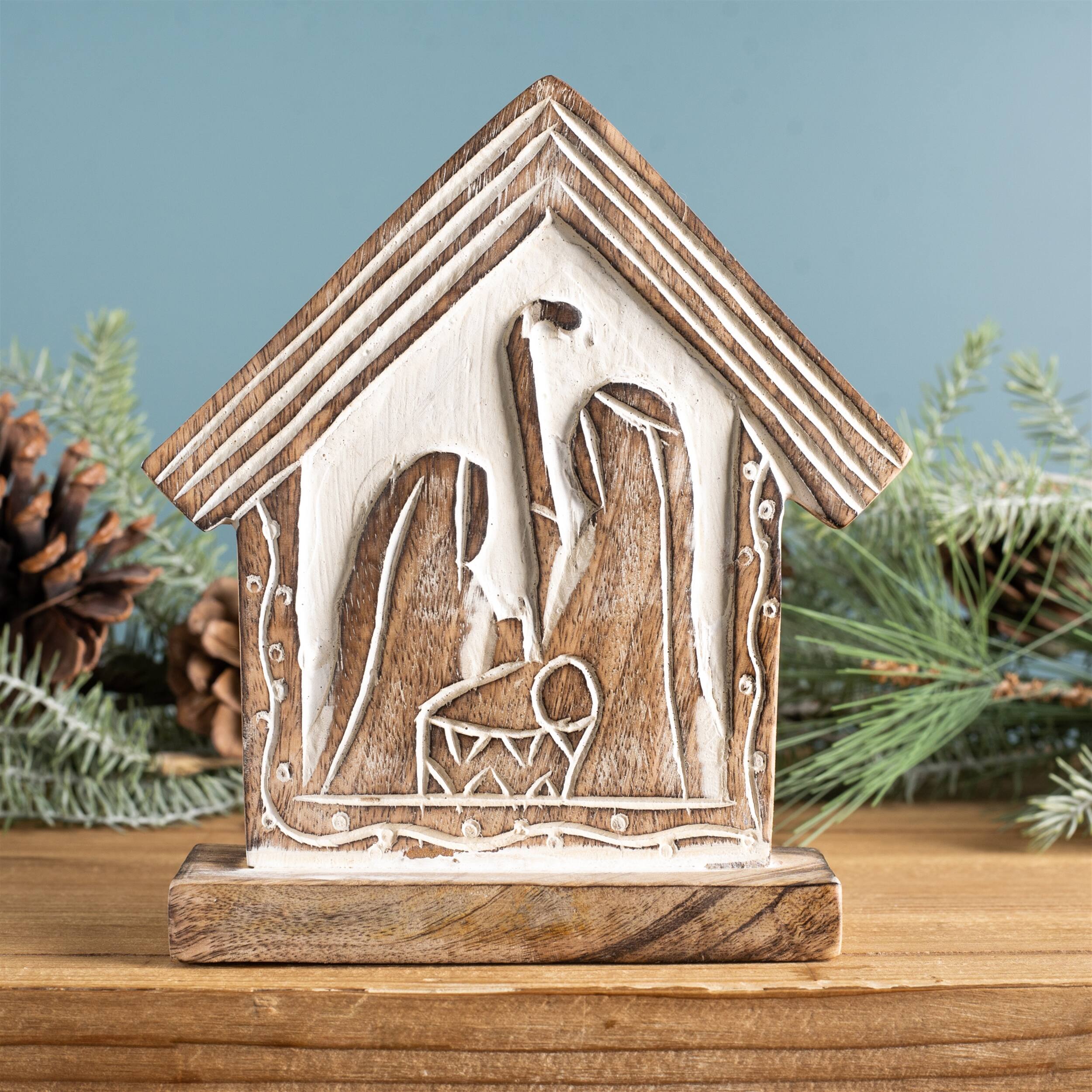 Angle. BreeBe - Wood Carved Nativity Barn (Set of 2) - Brown.