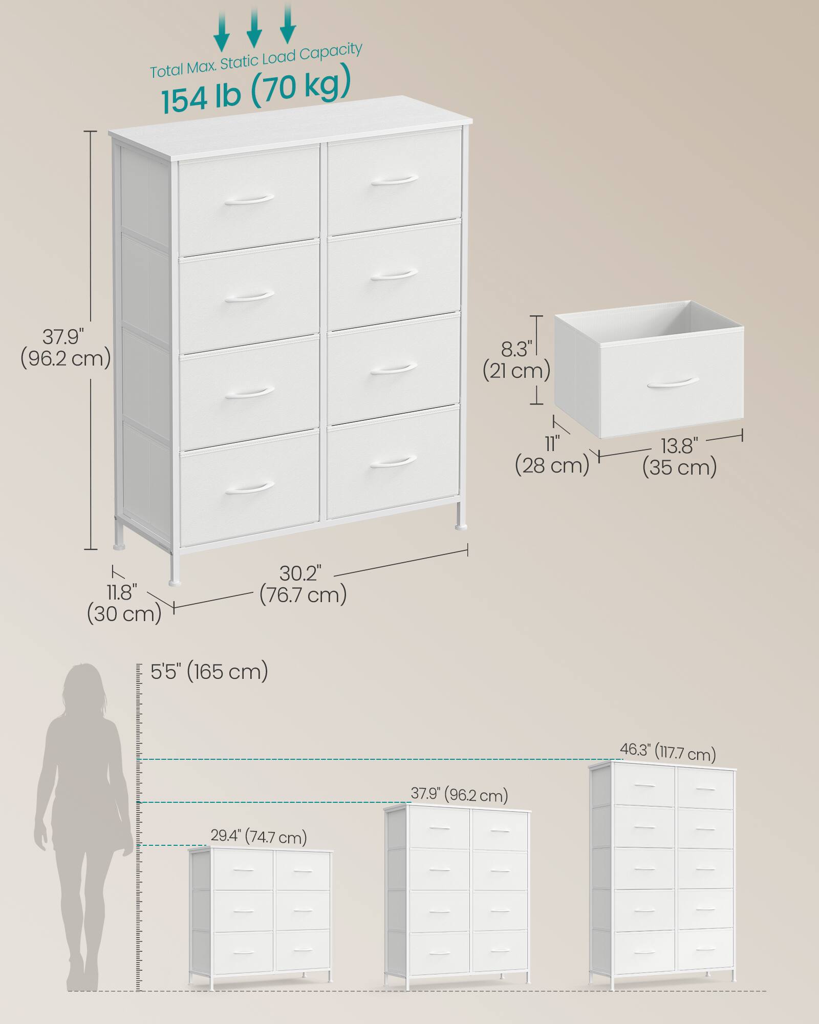 Static Load Capacity: Total Max 154 lb (70 kg)

Dimensions:
- Height: 37.9" (96.2 cm)
- Width: 30.2" (76.7 cm)
- Depth: 11.8" (30 cm)
- Drawer Height: 8.3" (21 cm)
- Drawer Width: 13.8" (35 cm)
- Overall Width: 46.3" (117.7 cm)
- Overall Depth: 29.4" (74.7 cm)
