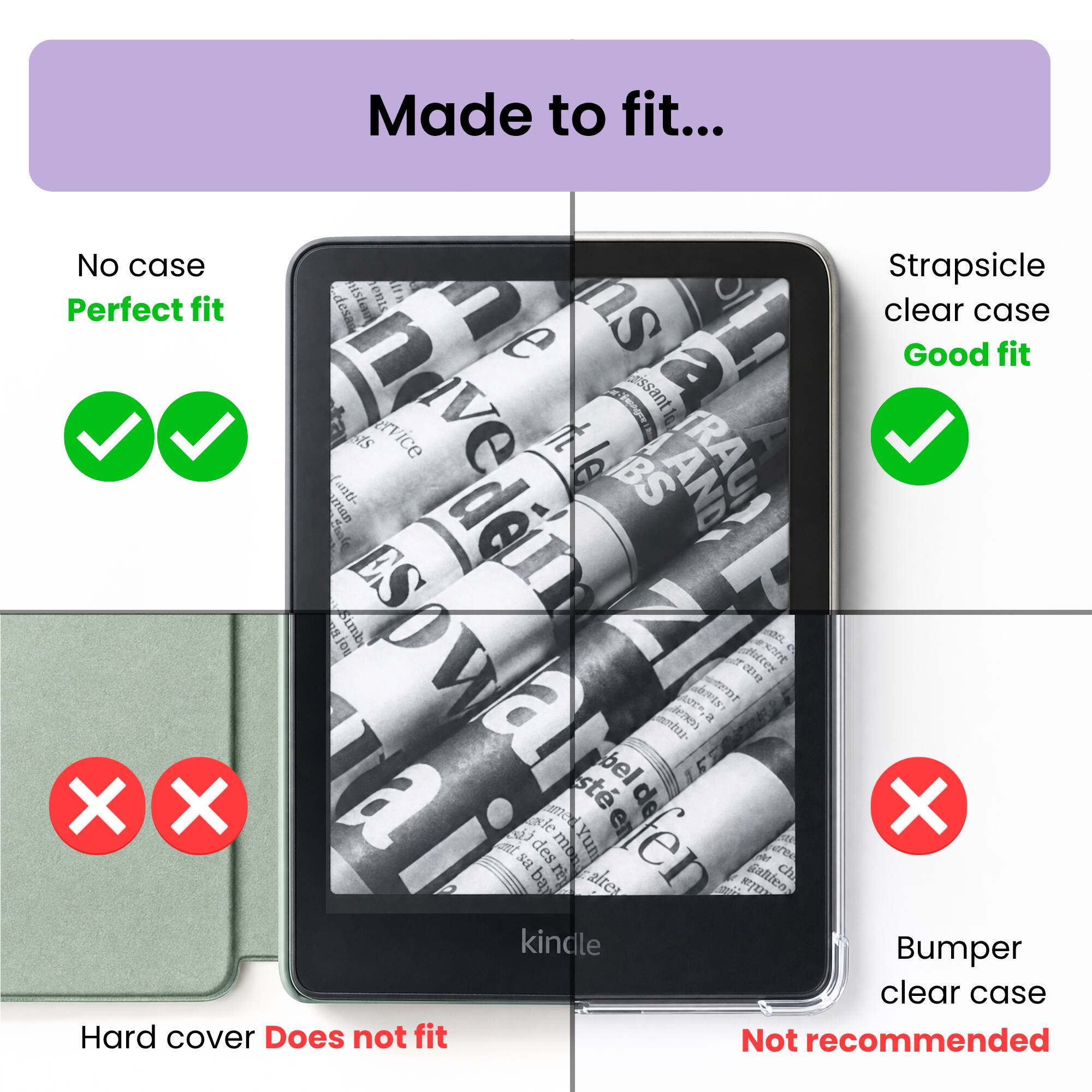 Made to fit...

- No case: Perfect fit
- Strapsicle clear case: Good fit
- Hard cover: Does not fit
- Bumper clear case: Not recommended