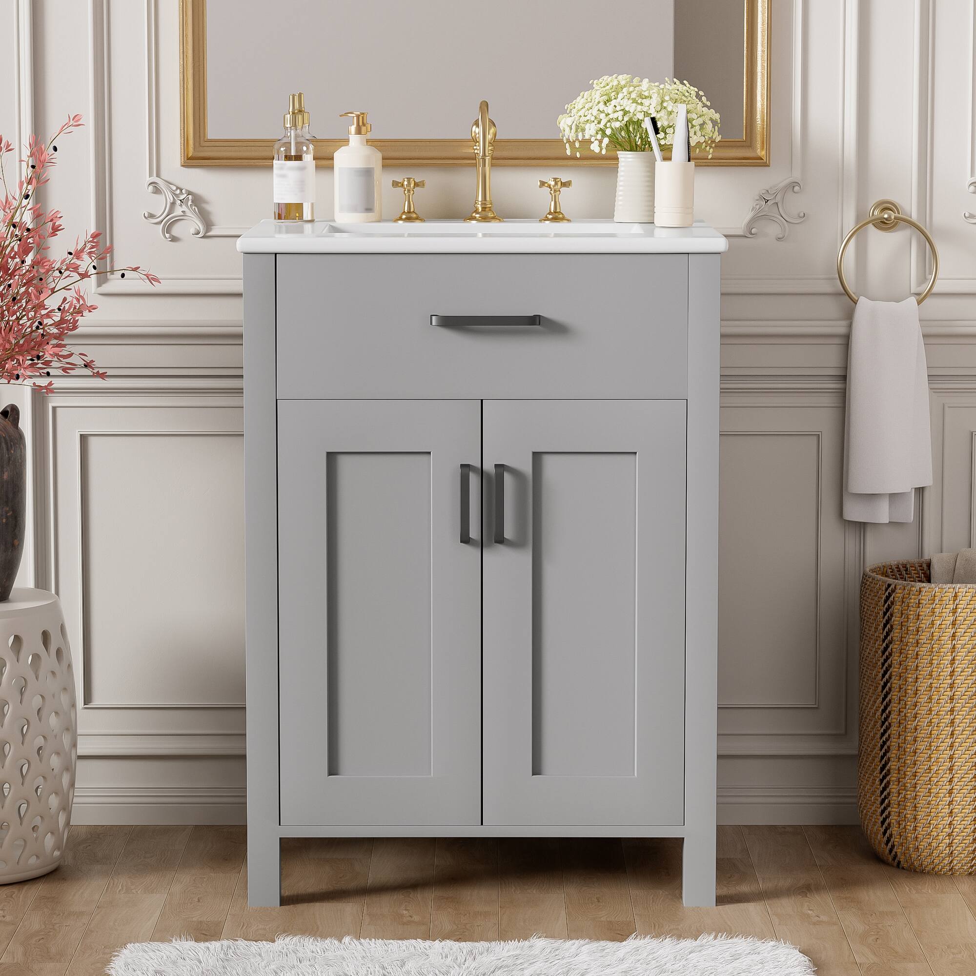 Angle. Whisen - 24" Bathroom Vanity Combo with Ceramic Sink, Space-Saving Cabinet, Wood Frame & MDF, Modern Style - Gray.