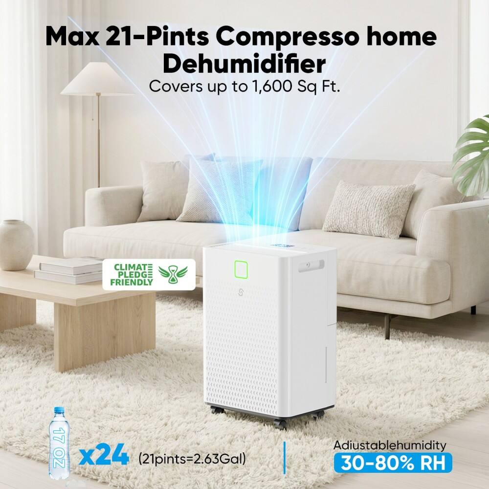 Max 21-Pints Compresso home Dehumidifier  
Covers up to 1,600 Sq Ft.  
CLIMATE PLEDGE FRIENDLY  
17 OZ x24 (21pints=2.63Gal)  
Adjustable humidity 30-80% RH