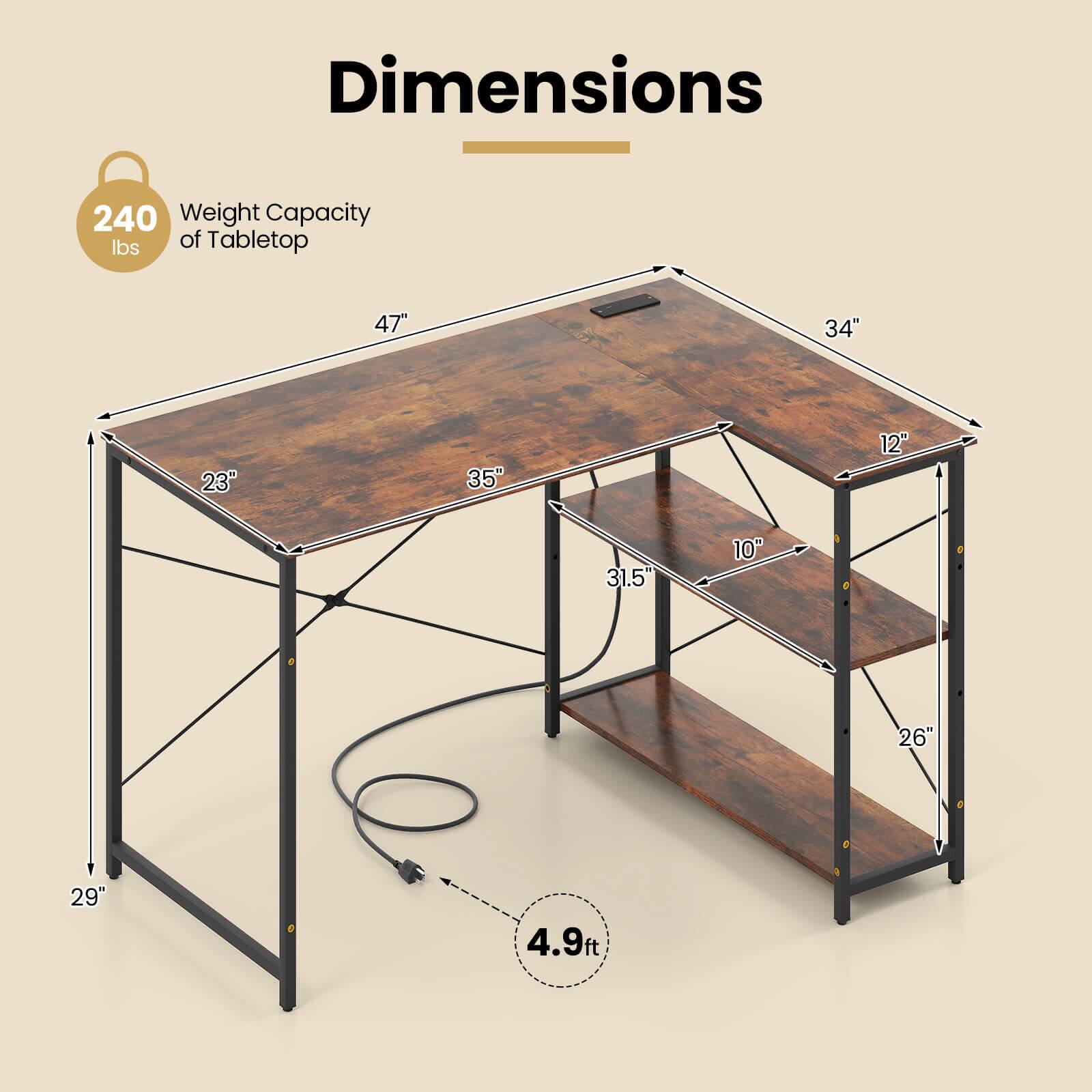 Dimensions: 240 weight capacity, 47" x 34" x 23" tabletop, 35" x 12" x 31.5" shelf, 10" x 26" x 29" shelf, 4.9ft of tabletop.