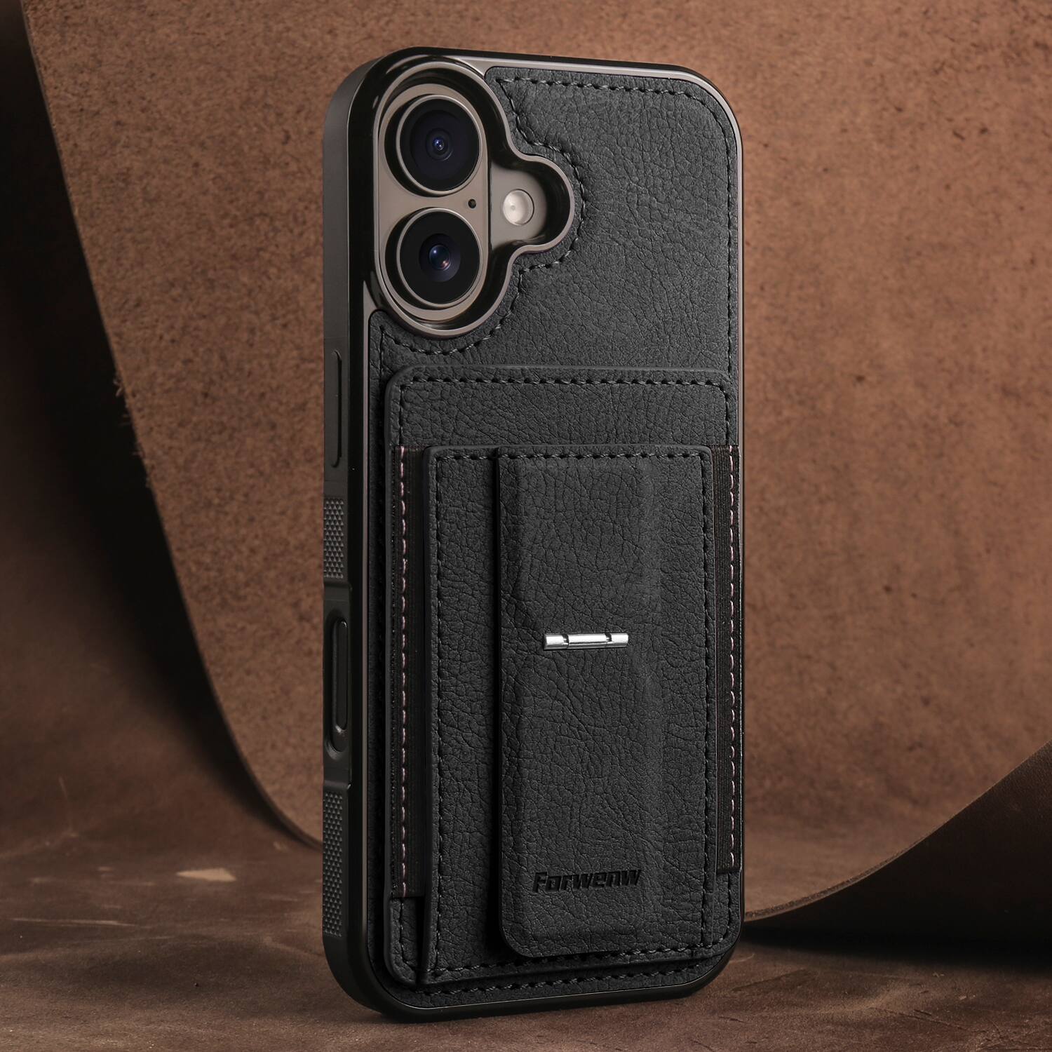 Back. Dteck - Slim Card Holder Case for Apple Apple iPhone 16, Shockproof Wallet Protective Cover with Kickstand - Black.