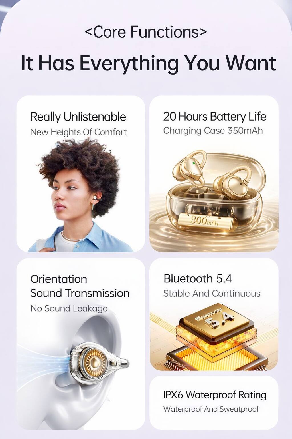 <Core Functions> It Has Everything You Want

- Really Unlistenable
  - New Heights Of Comfort

- 20 Hours Battery Life
  - Charging Case 350mAh

- Orientation Sound Transmission
  - No Sound Leakage

- Bluetooth 5.4
  - Stable And Continuous

- IPX6 Waterproof Rating
  - Waterproof And Sweatproof