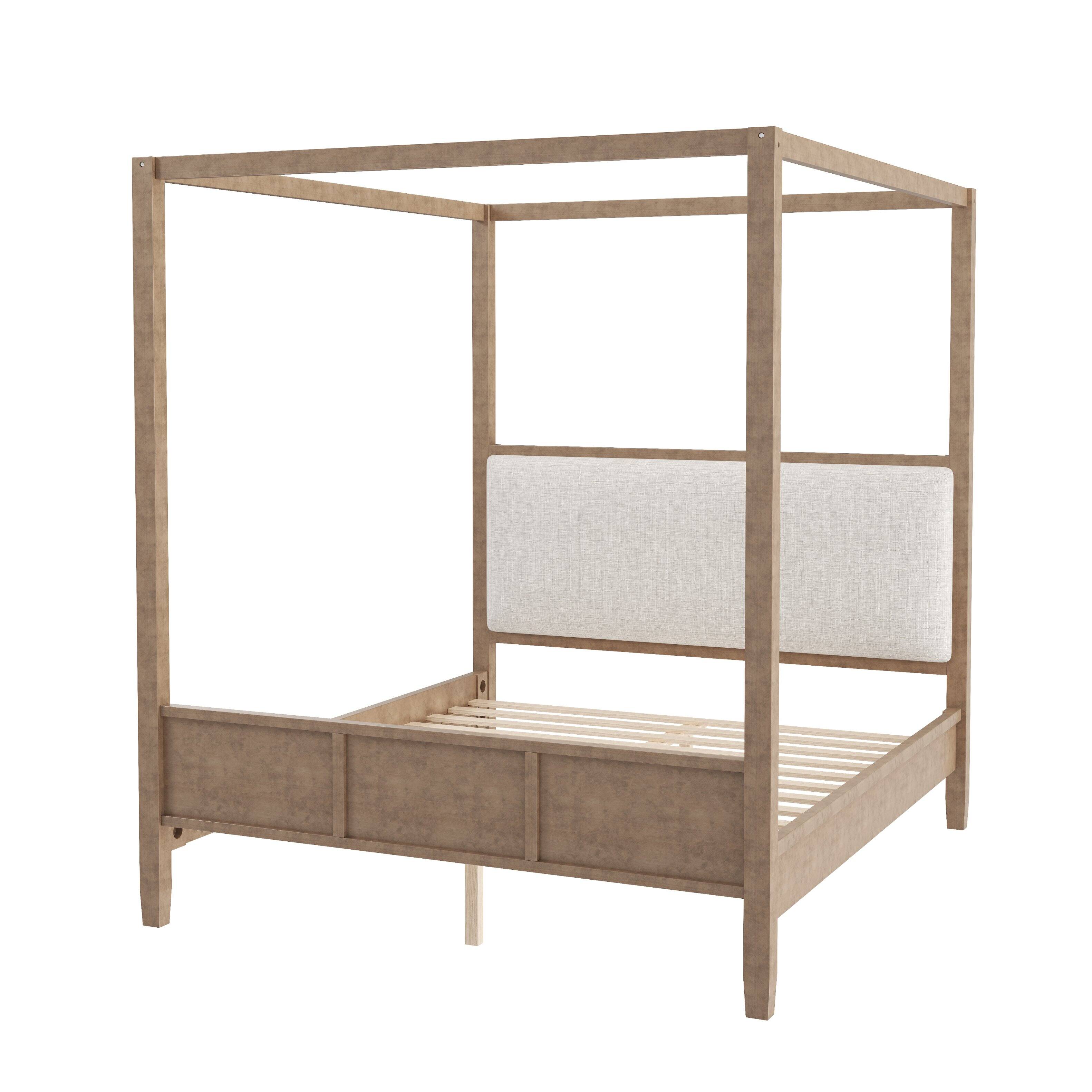 Left. Whisen - Queen size Wooden Canopy Platform bed with Upholstery Headboard for Bedroom, No Box Spring Needed - Natural Walnut.