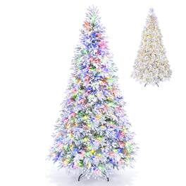 Costway - 7 FT Flocked Christmas Tree with 513 Full Branch Tips, PE Material, 270 LED Lights Snow Flocked - White
