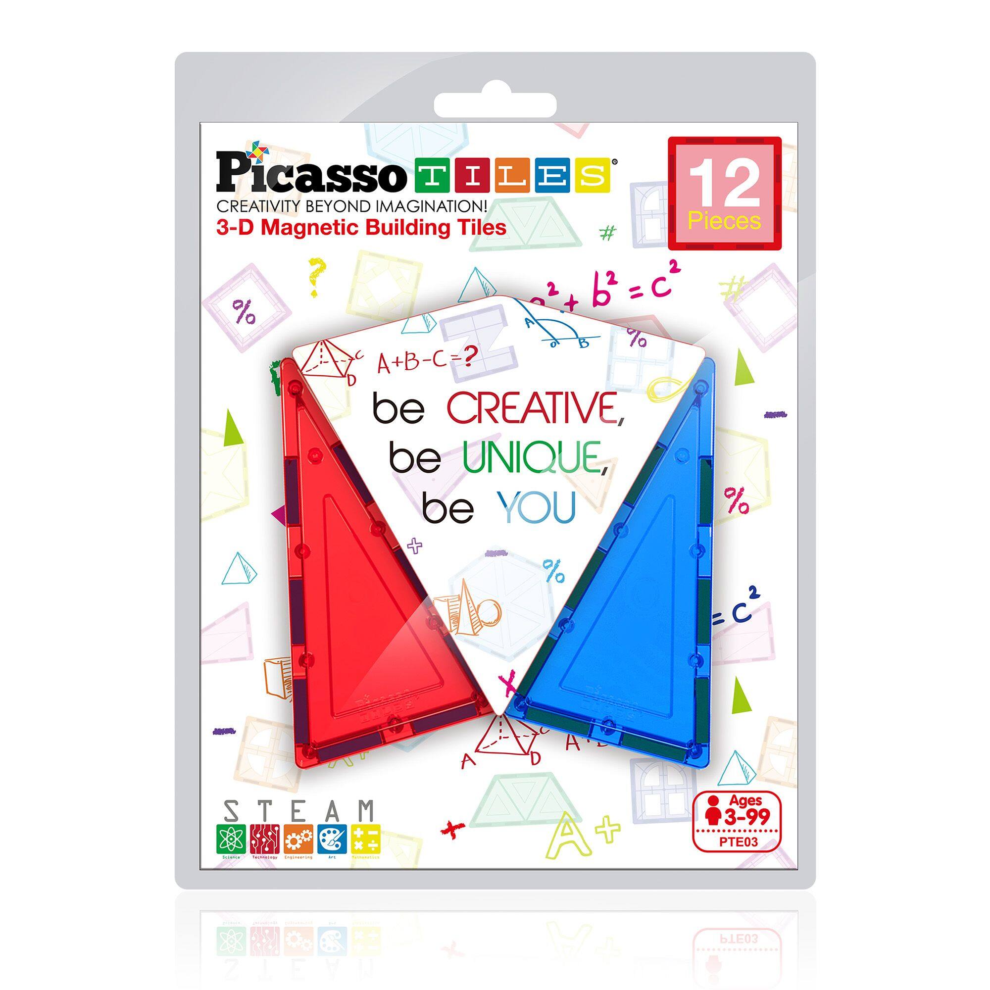 Picasso TILES  
Creativity Beyond Imagination!  
3-D Magnetic Building Tiles  
Pieces # 12  

A + B = C ?  
A ? D  

be CREATIVE, be UNIQUE, be YOU  

Ages 3-99  
PTE03  
ZEO 7 b1F02